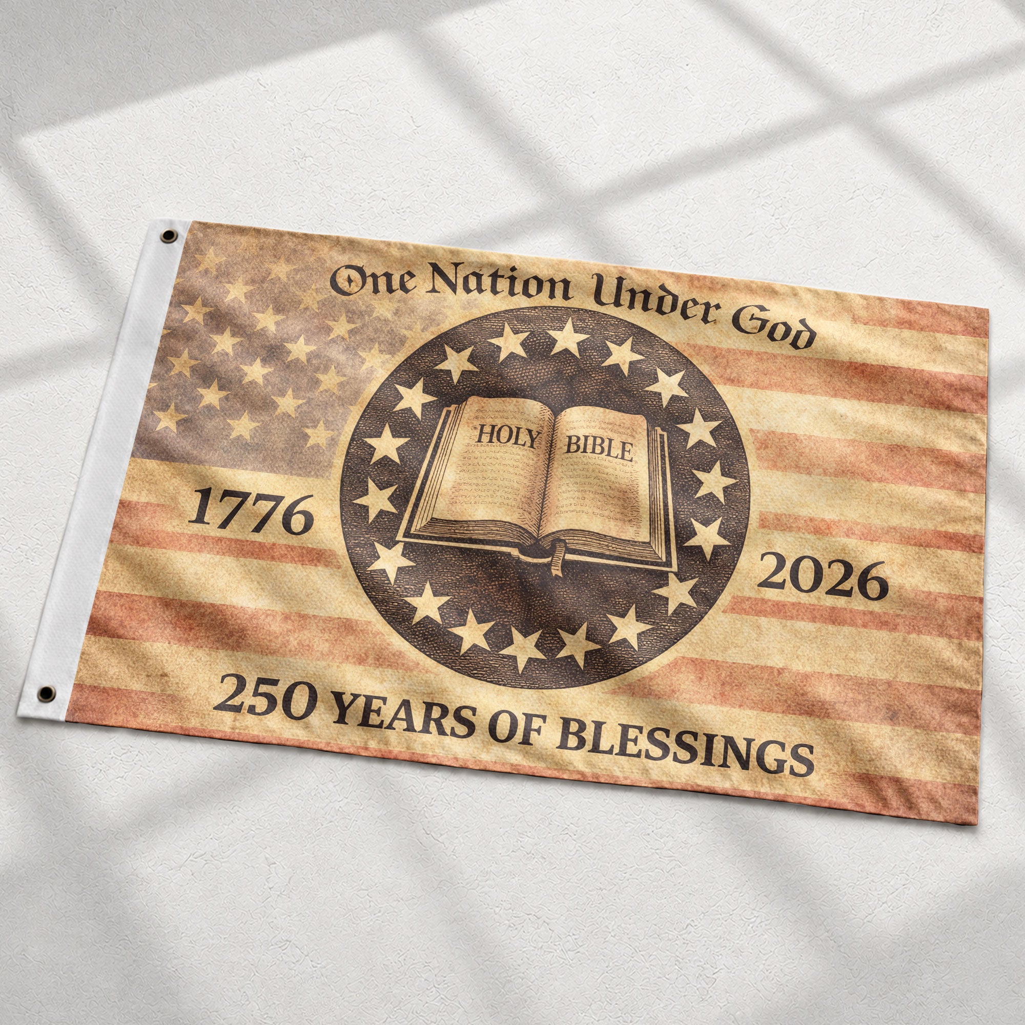 One Nation Under God America Christian Patriotic 250th Anniversary Flag - 250 Years of Blessings Holy Bible & Cross Banner, 1776-2026 Patriotic Double Sided Flag - Rust Field Wear