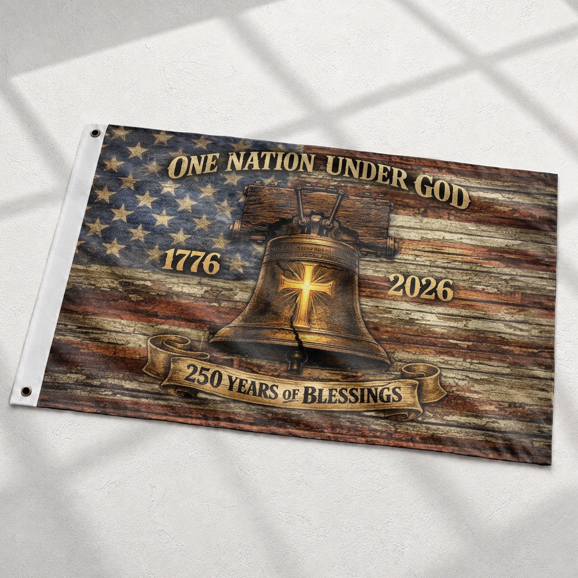 One Nation Under God America 250th Anniversary Flag - 250 Years of Blessings Liberty Bell & Cross Design, 1776-2026 Patriotic Double Sided Flag