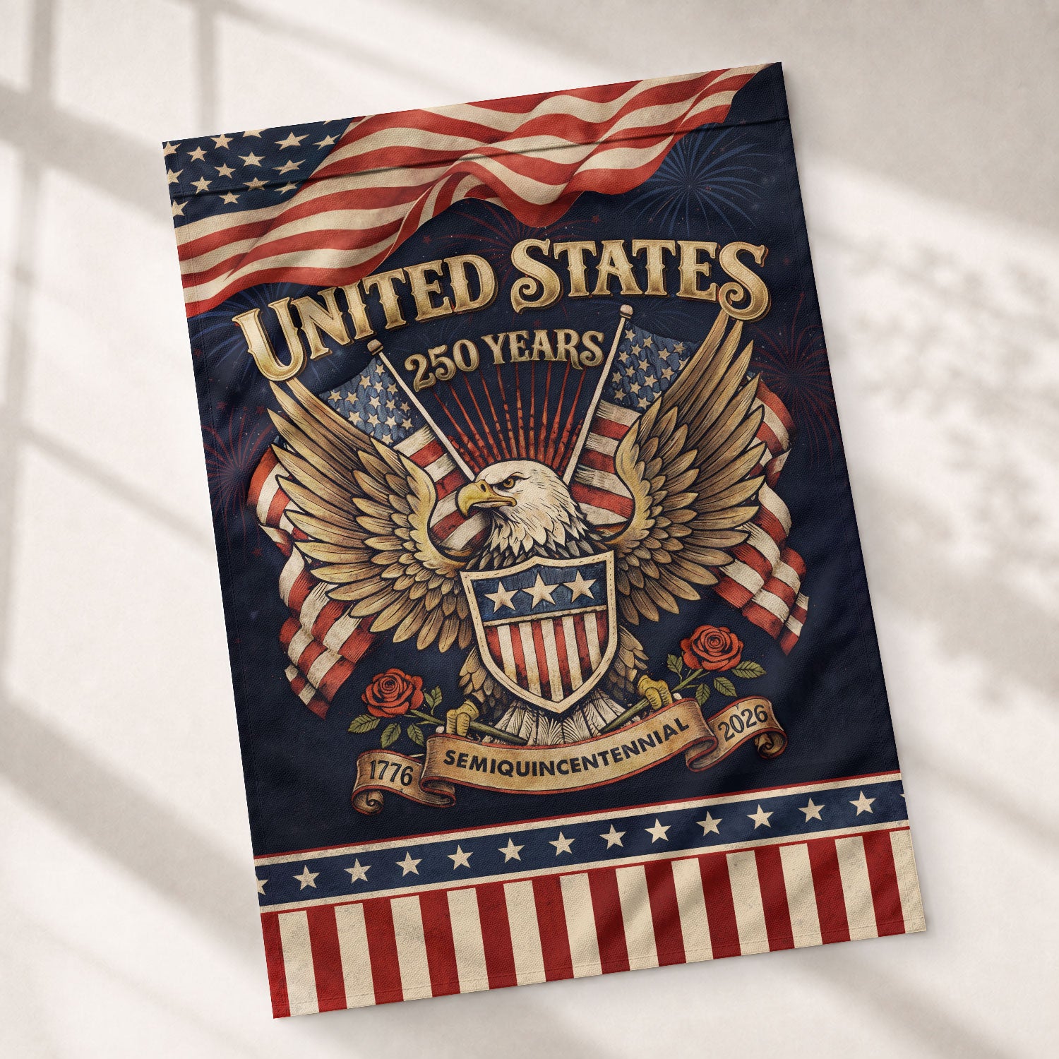 USA 250th Anniversary 1776–2026 House Flag – Patriotic Eagle & Roses Heritage Double Sided Yard Decor
