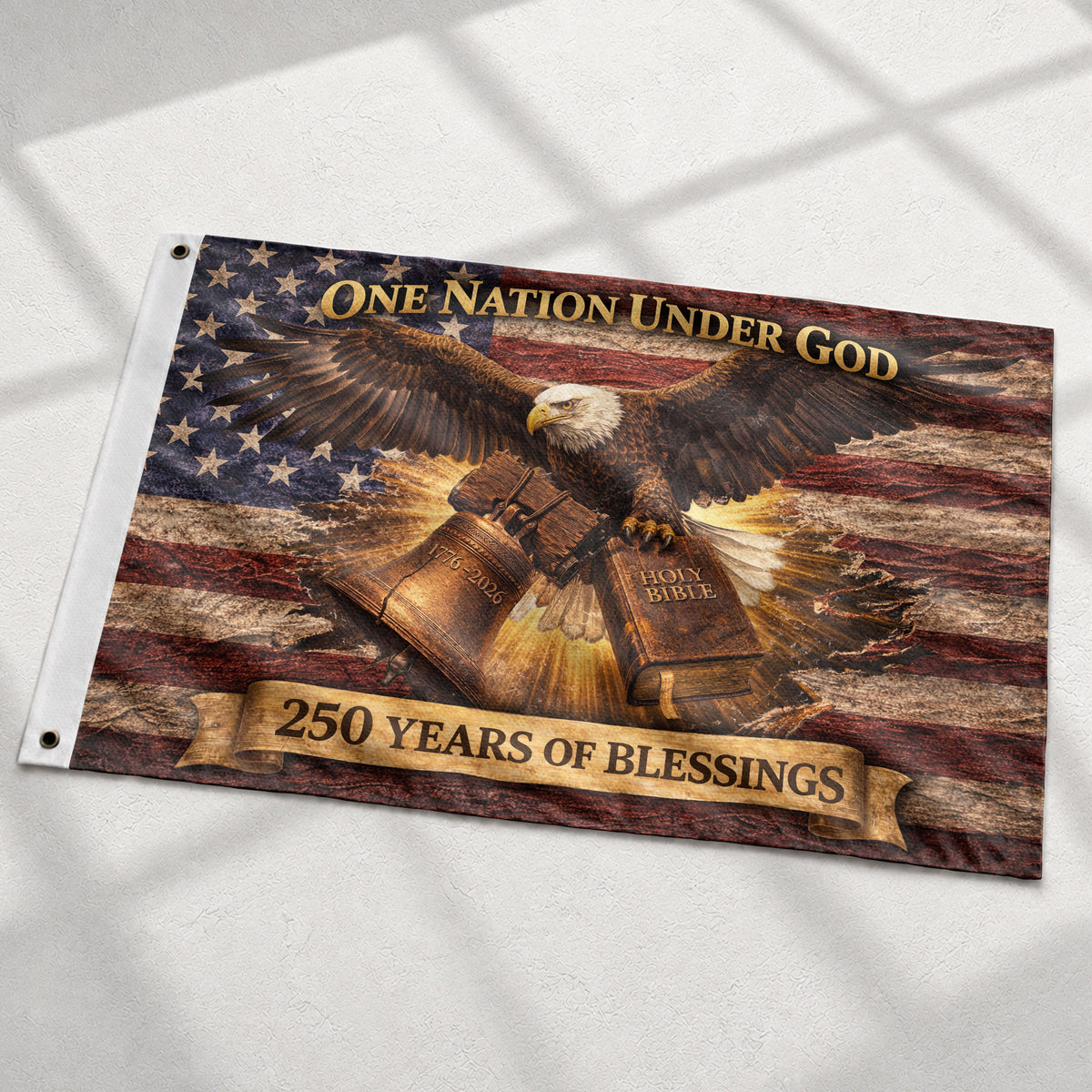 One Nation Under God 250 Years Flag (1776–2026) – Bald Eagle with Holy Bible Patriotic Christian Banner - Rust Field Wear