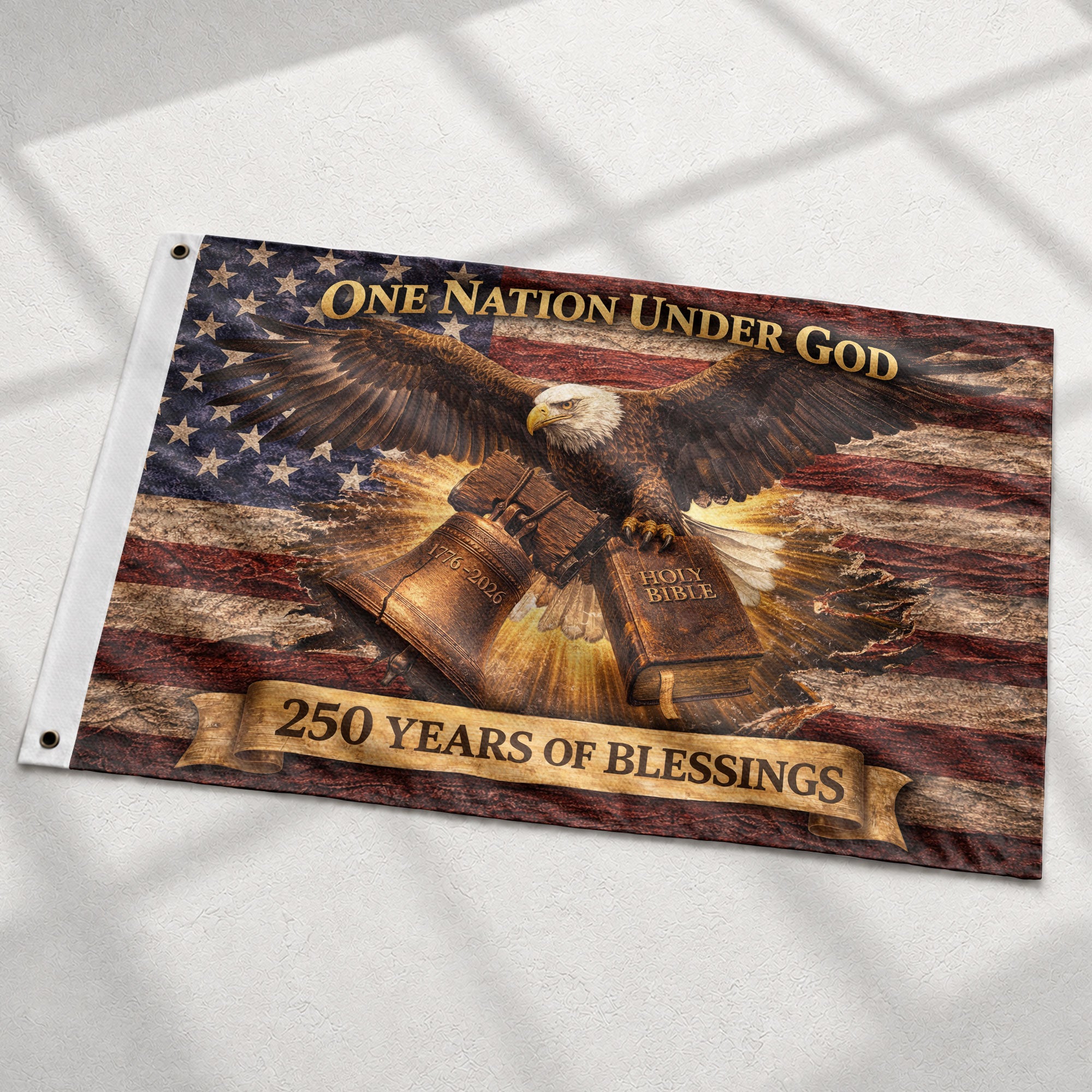 One Nation Under God 250 Years Flag (1776–2026) – Bald Eagle with Holy Bible Patriotic Christian Banner - Rust Field Wear