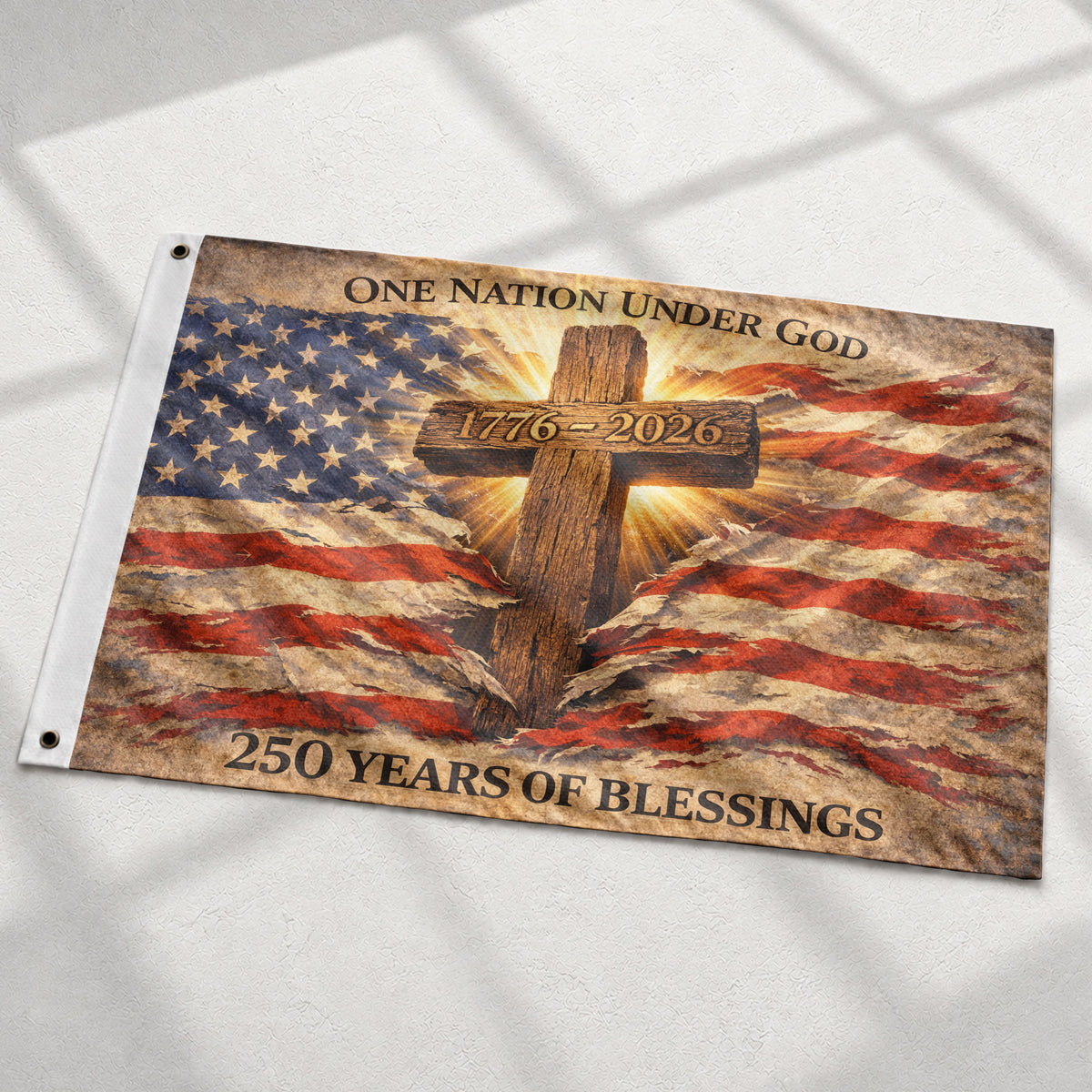 One Nation Under God 250th Anniversary Flag (1776–2026) – Cross and American Flag Christian Patriotic Banner - Rust Field Wear