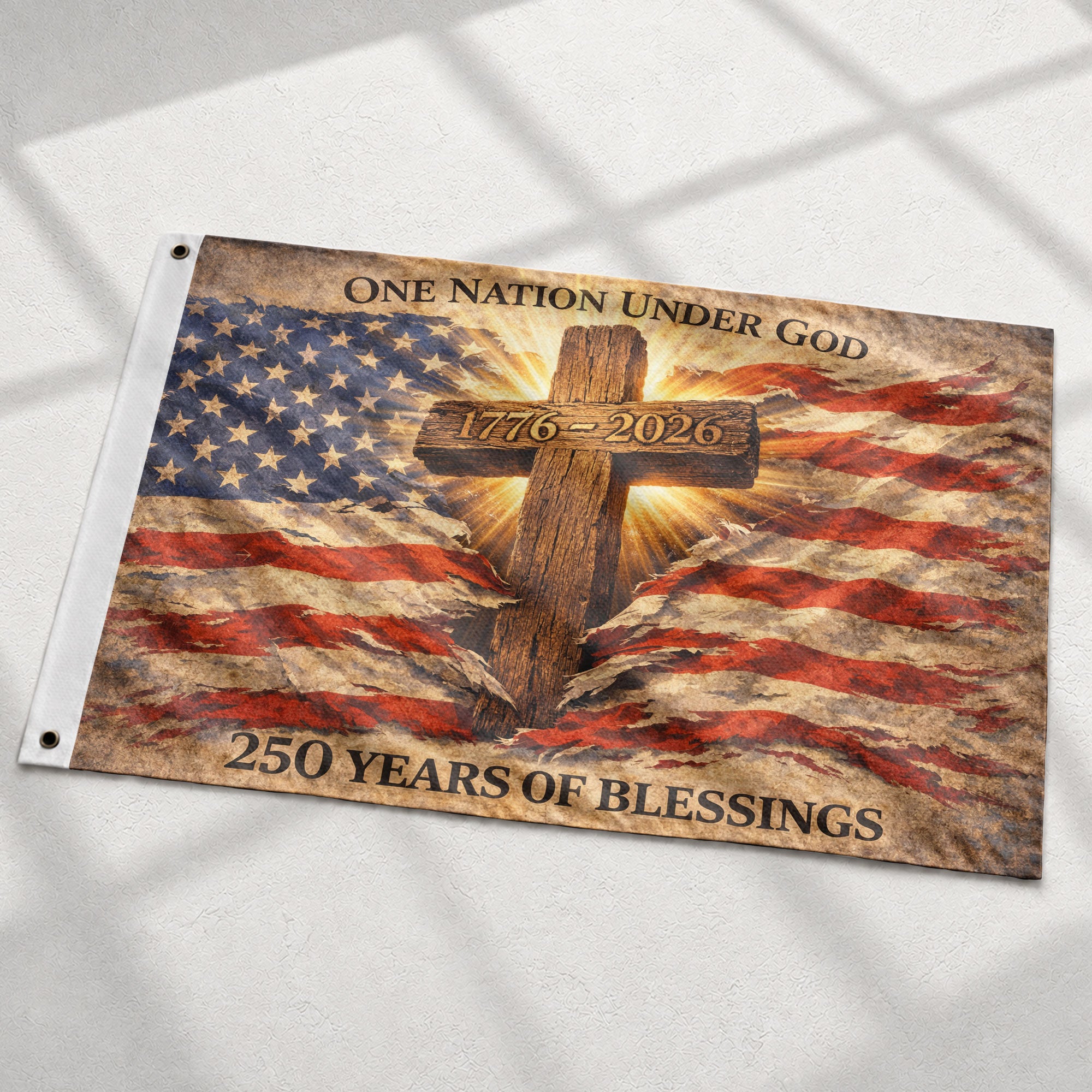 One Nation Under God 250th Anniversary Flag (1776–2026) – Cross and American Flag Christian Patriotic Banner - Rust Field Wear