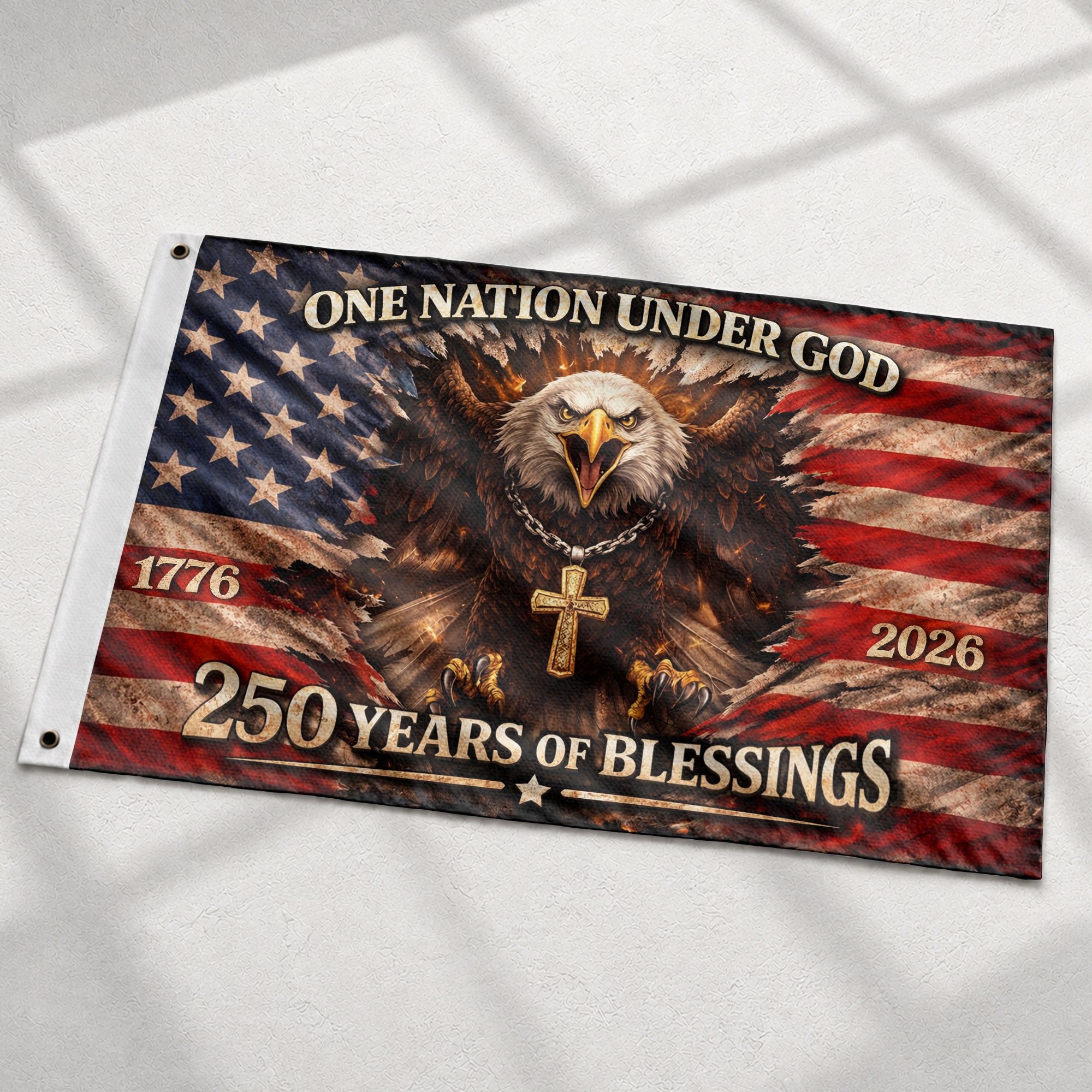One Nation Under God 250th Anniversary Flag (1776–2026) – Bald Eagle and Cross Patriotic Christian Banner - Rust Field Wear