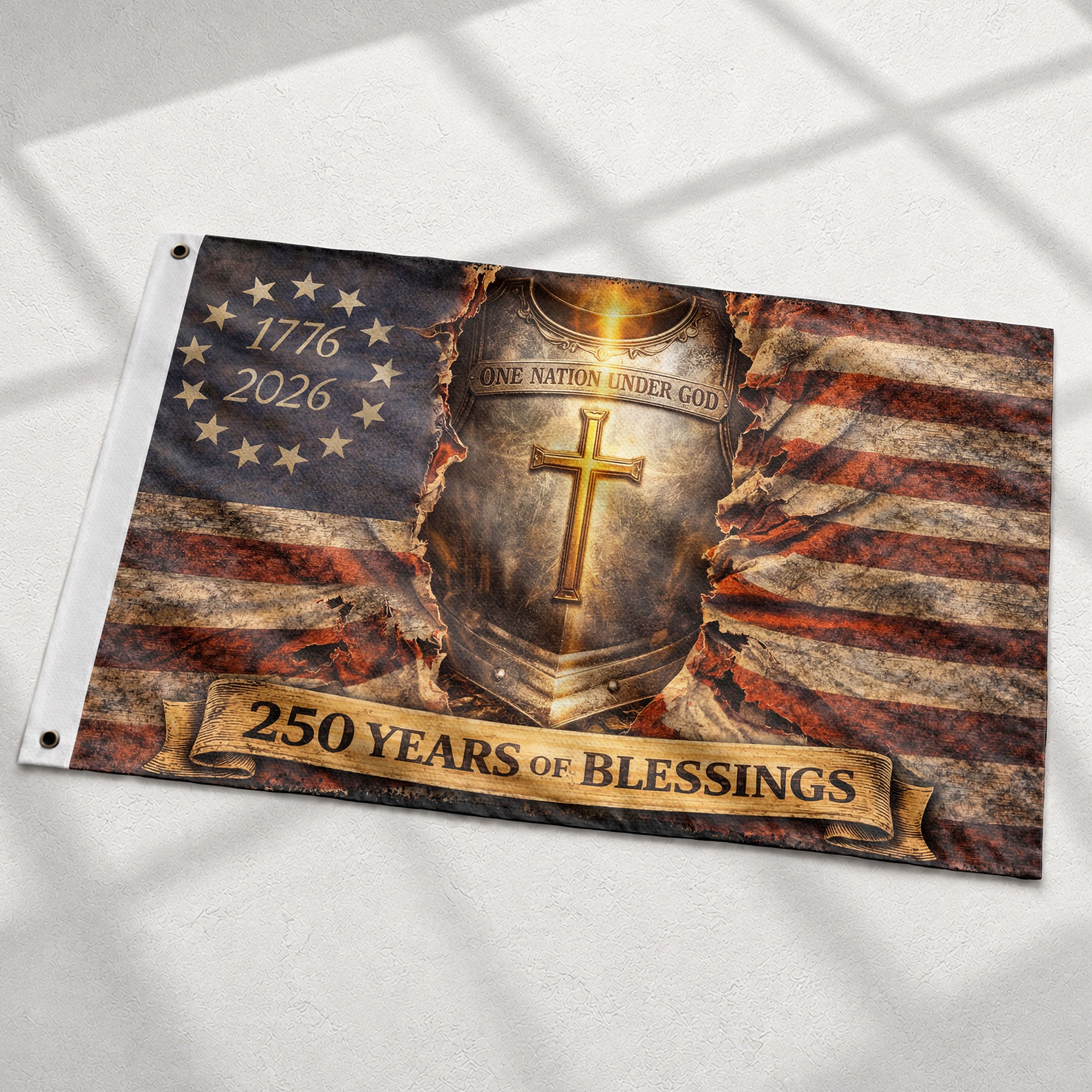 One Nation Under God 250th Anniversary Flag (1776–2026) – Cross Shield Patriotic Christian Banner - Rust Field Wear