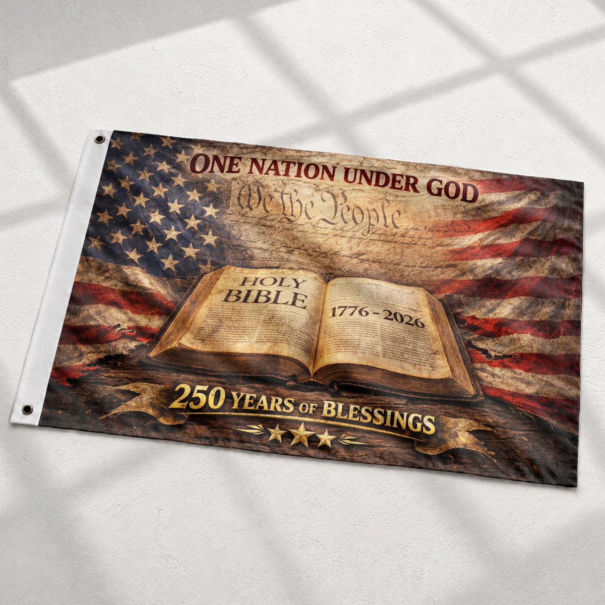 One Nation Under God 250th Anniversary Flag (1776–2026) – Holy Bible and We the People Patriotic Christian Banner - Rust Field Wear