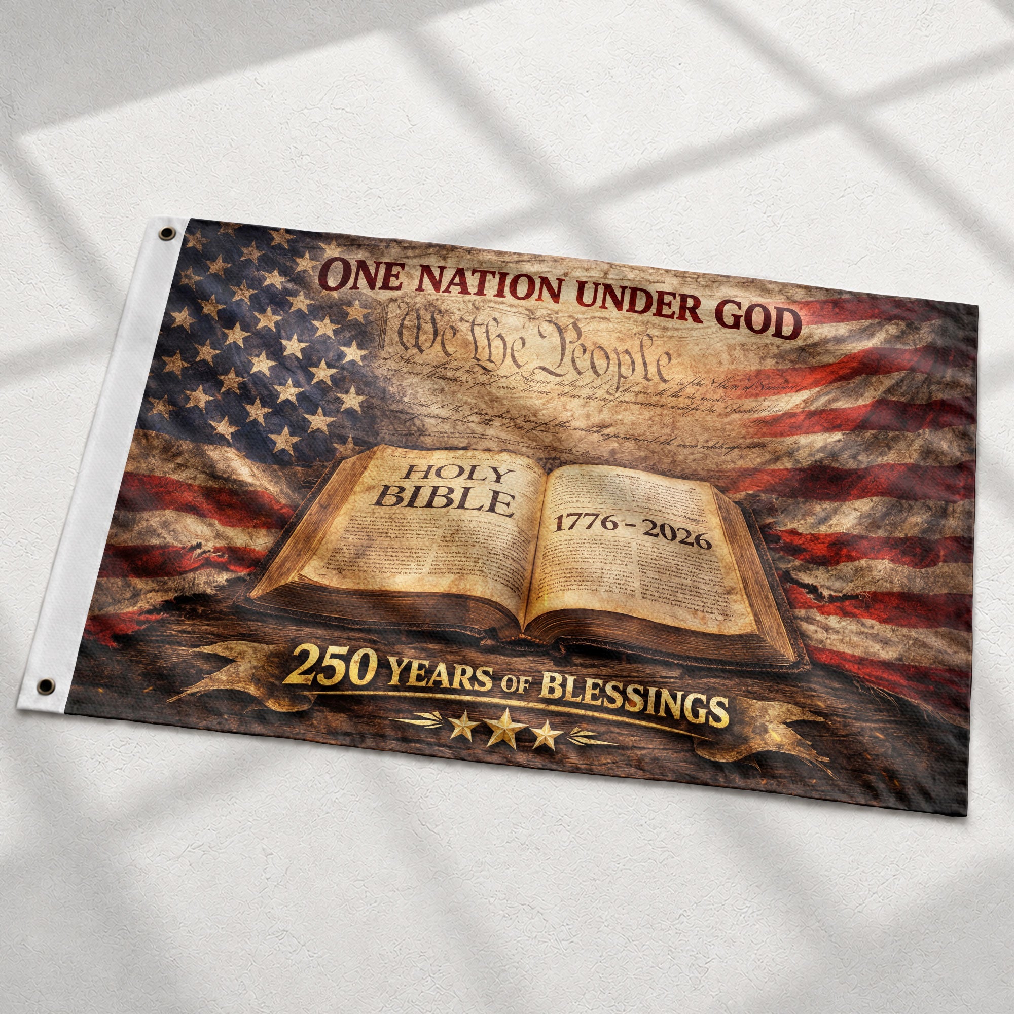 One Nation Under God 250th Anniversary Flag (1776–2026) – Holy Bible and We the People Patriotic Christian Banner - Rust Field Wear