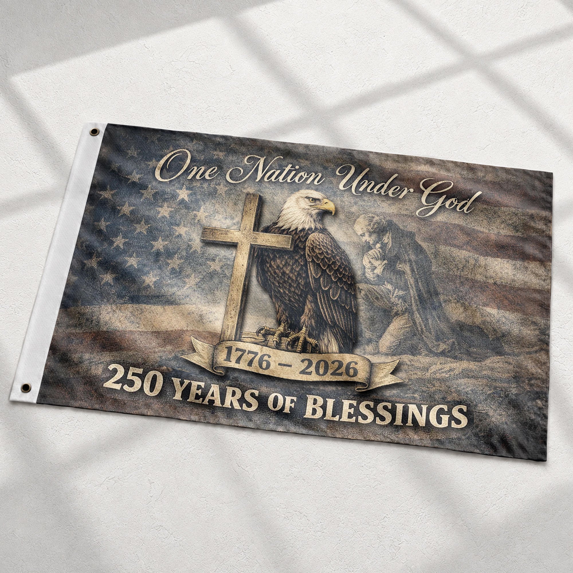 250th Anniversary Cross & Eagle, One Nation Under God 250 Years of Blessings USA Flag - Double Sided Premium House Flag