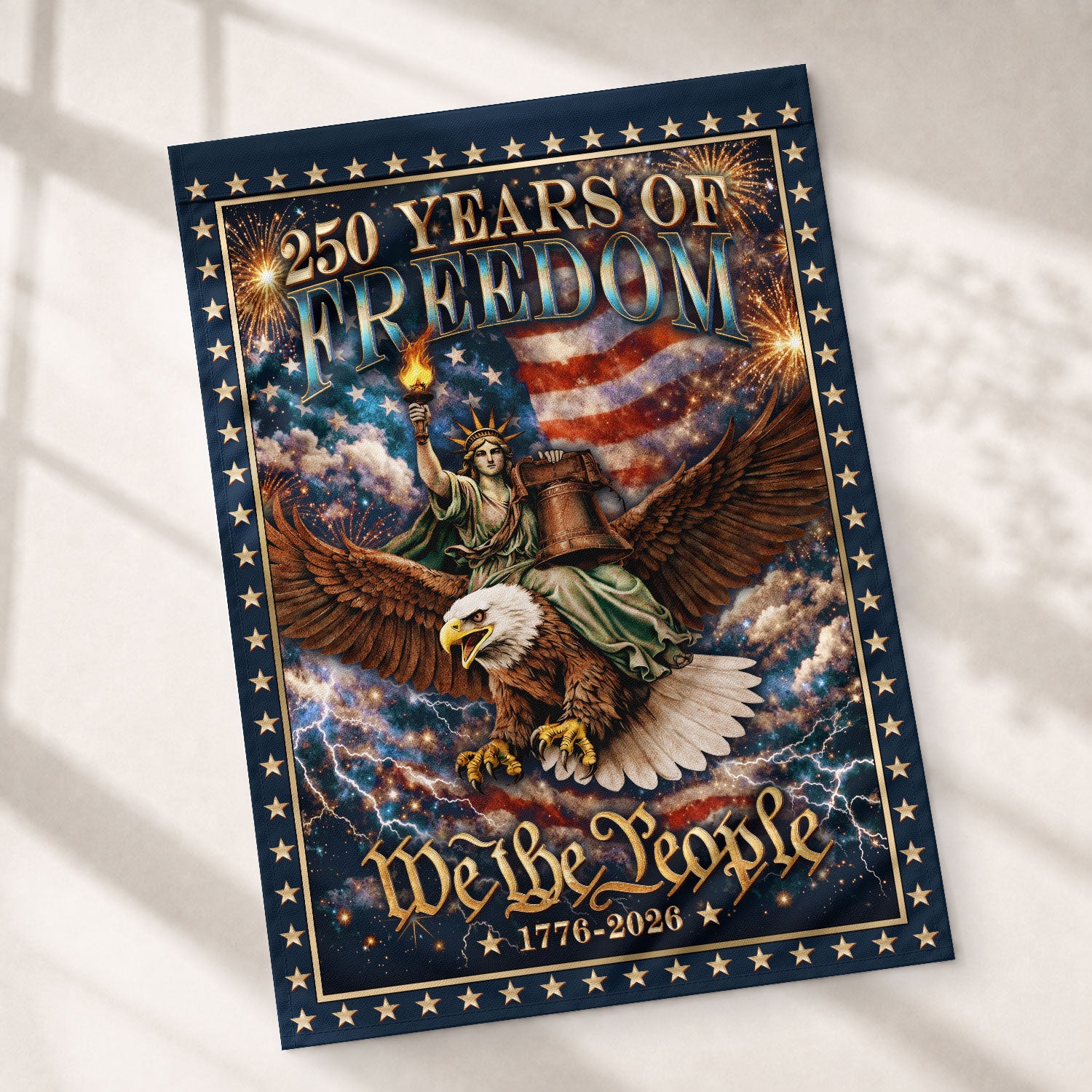 USA 250th Anniversary 1776–2026 House Flag – We The People Statue of Liberty Riding Eagle Double Sided Patriotic Decor