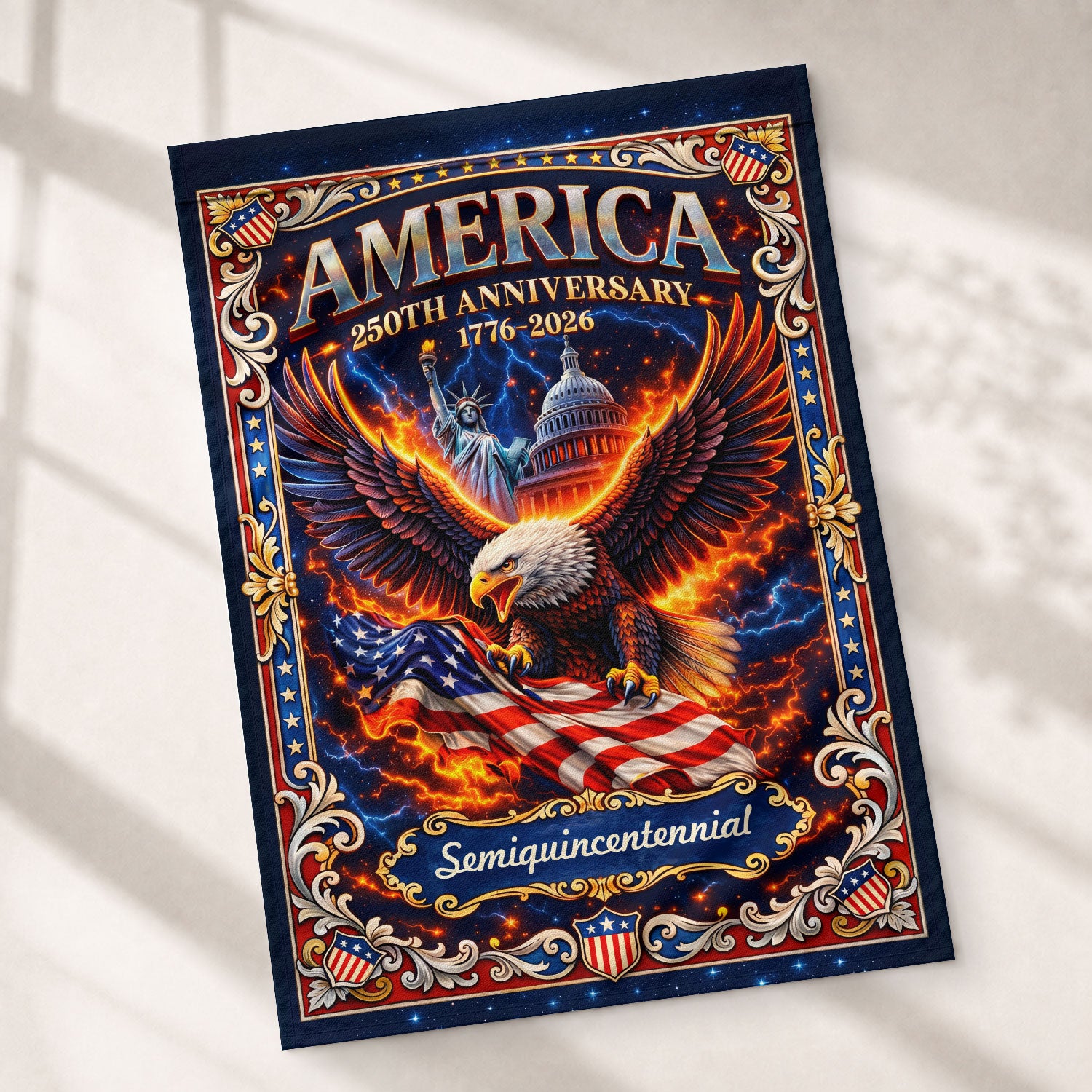 1776–2026 America 250th Anniversary House Flag – Bald Eagle & US Capitol Statue of Liberty Double Sided Banner