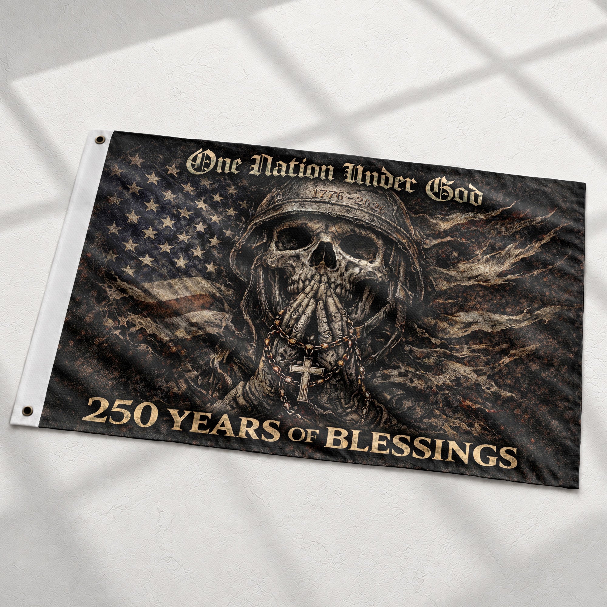 250 Years America Anniversary 1776-2026 Double-Sided Tactical Flag – Spartan Warrior Skull Cross Patriotic House Banner - Rust Field Wear