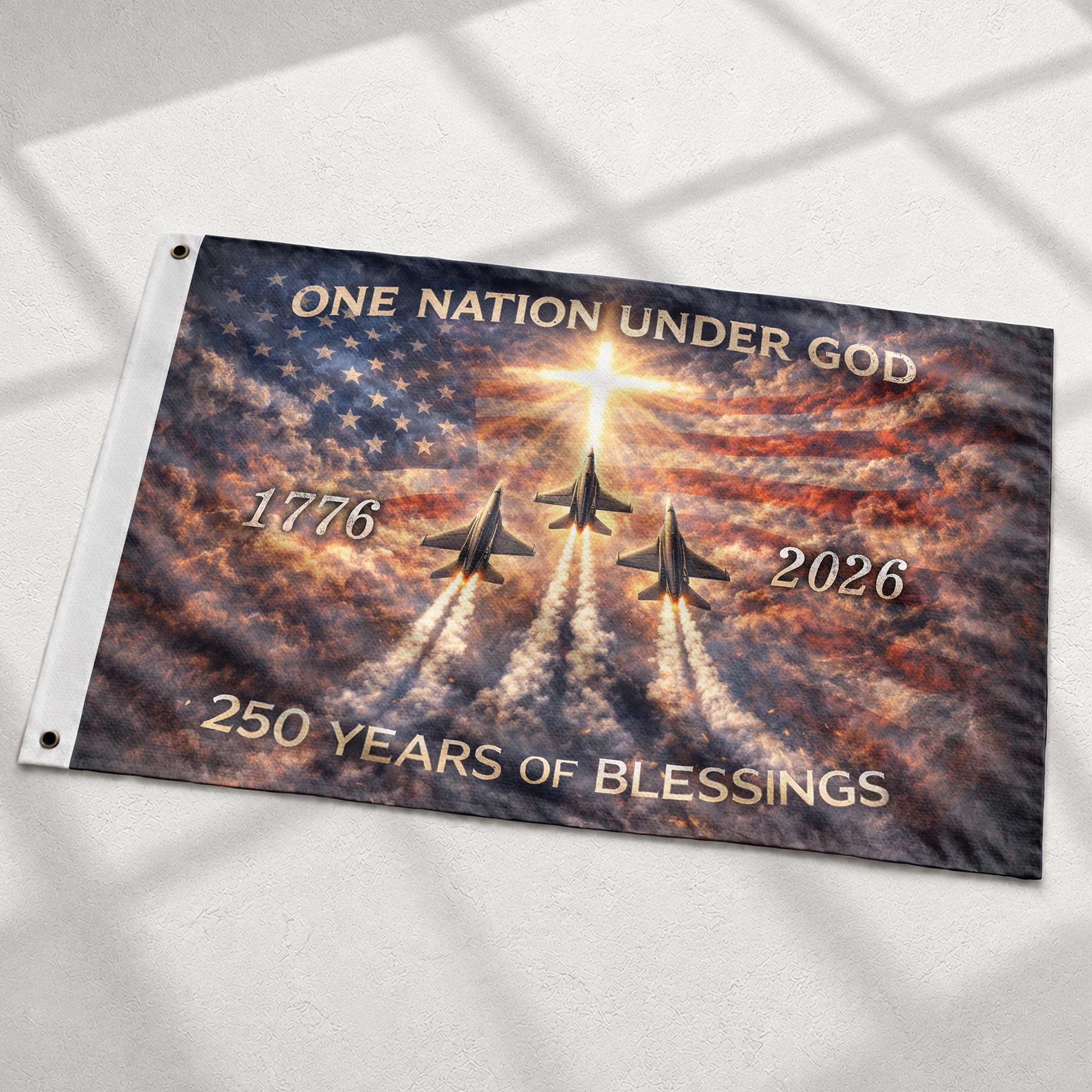 America 250th Anniversary Flag 1776-2026 – One Nation Under God Fighter Jets Cross Double Sided Heavy Banner