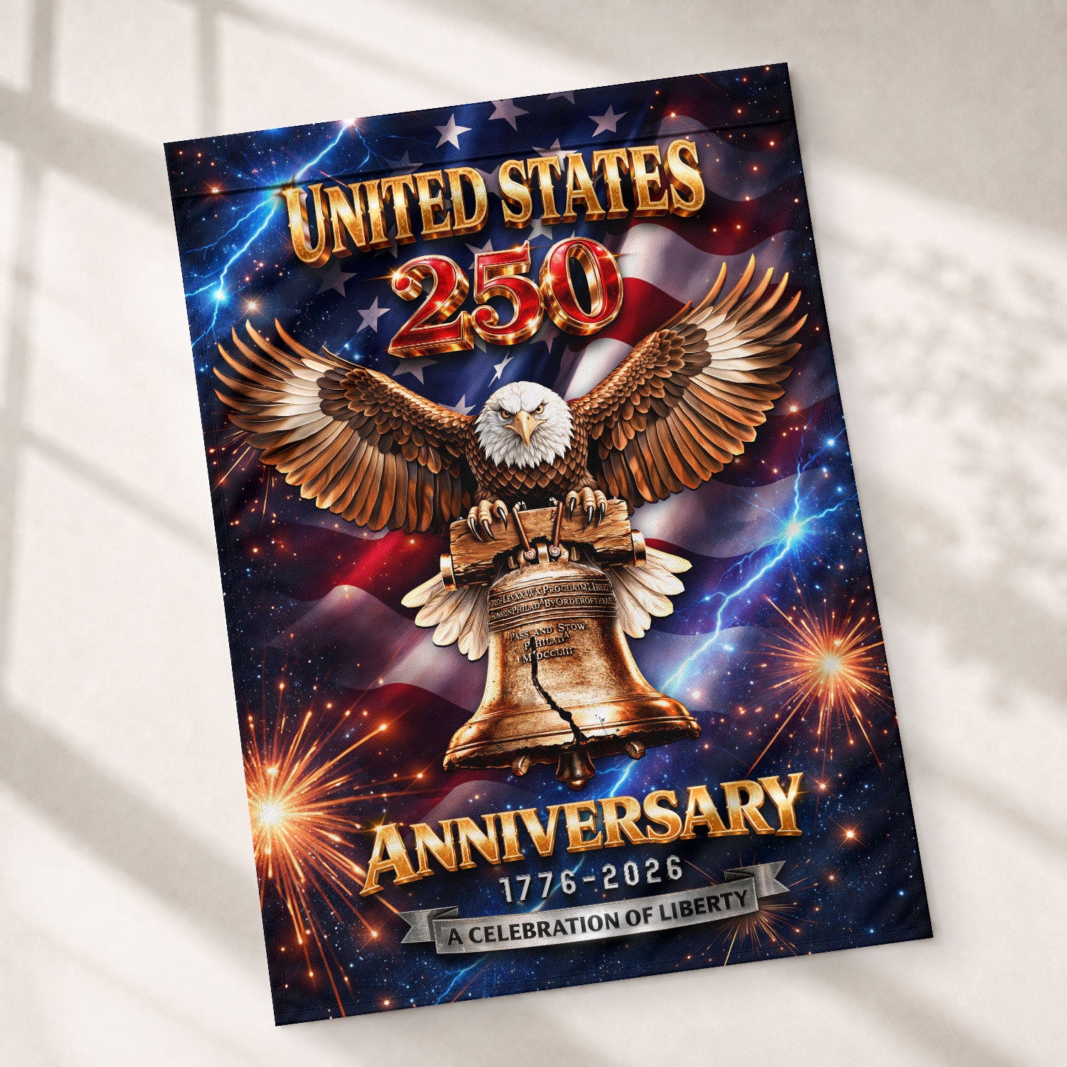 America 250th Anniversary 1776–2026 House Flag – Liberty Bell & Bald Eagle Lightning Fireworks Double Sided Outdoor Banner