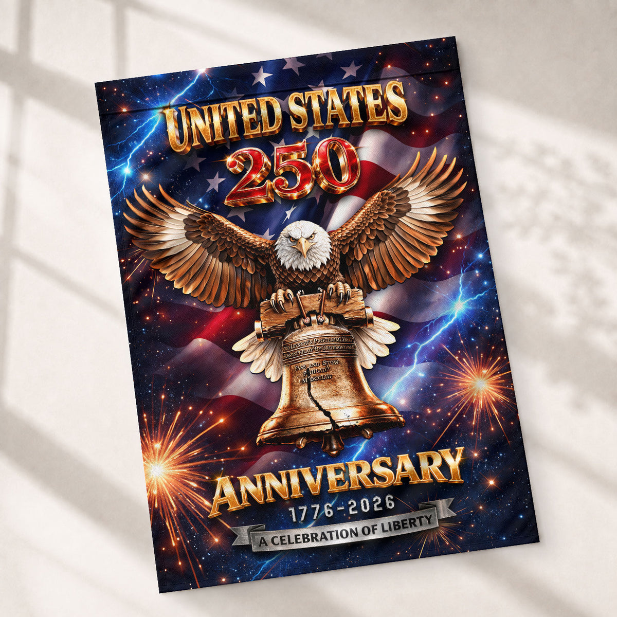 America 250th Anniversary 1776–2026 House Flag – Liberty Bell & Bald Eagle Lightning Fireworks Double Sided Outdoor Banner - Rust Field Wear