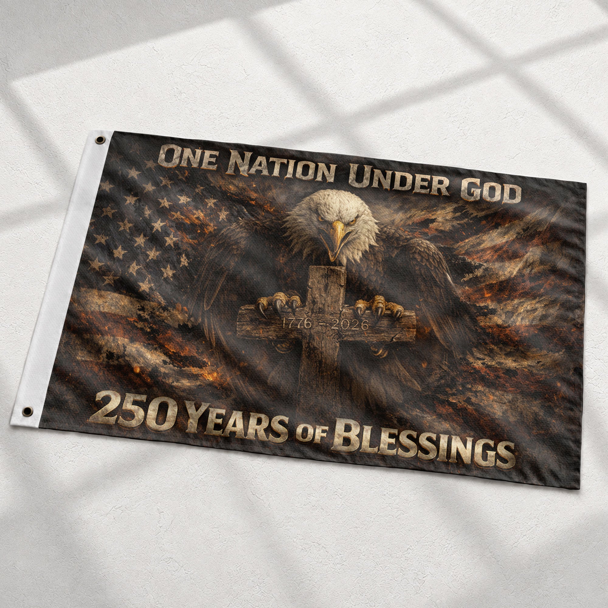 America 250th Anniversary Flag 1776-2026 – One Nation Under God Bald Eagle Cross 250 Years Double-Sided Banner - Rust Field Wear