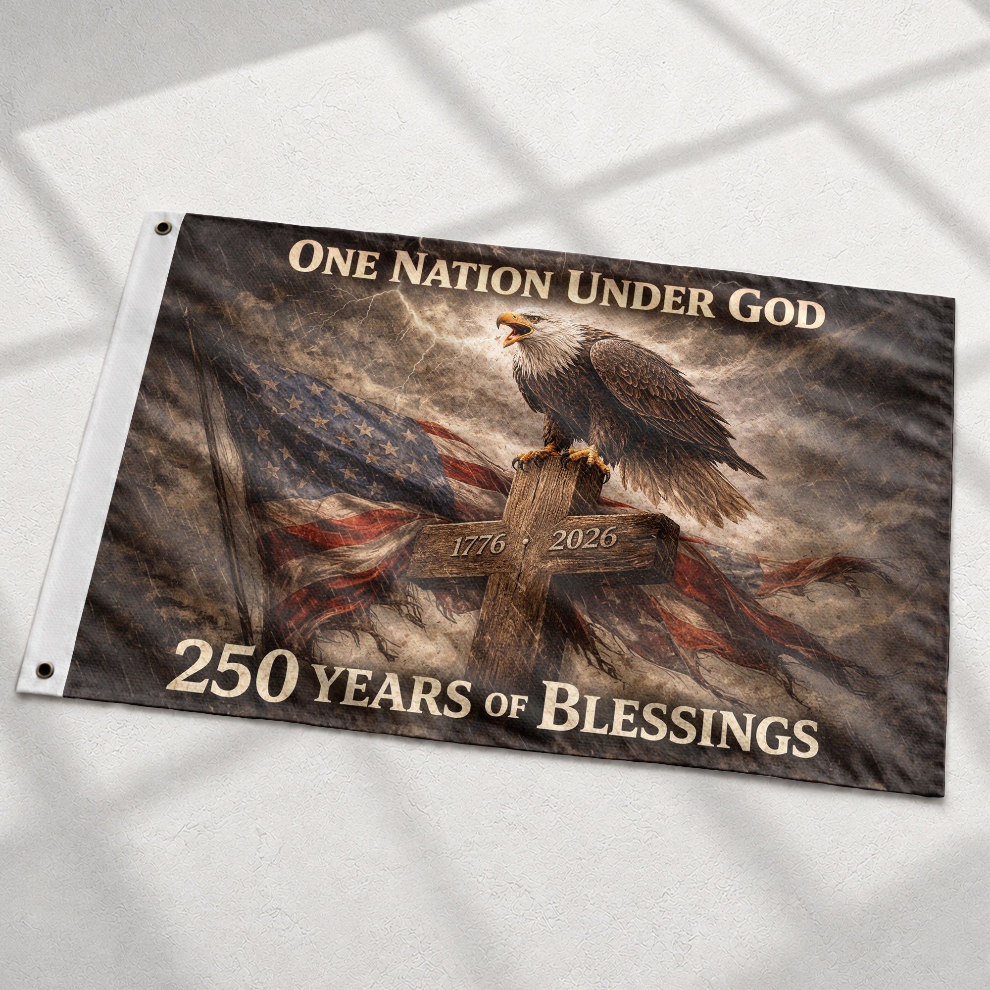 USA 250th Anniversary Flag 1776-2026 – One Nation Under God 250 Years of Blessings Eagle Cross Double-Sided House Flag - Rust Field Wear