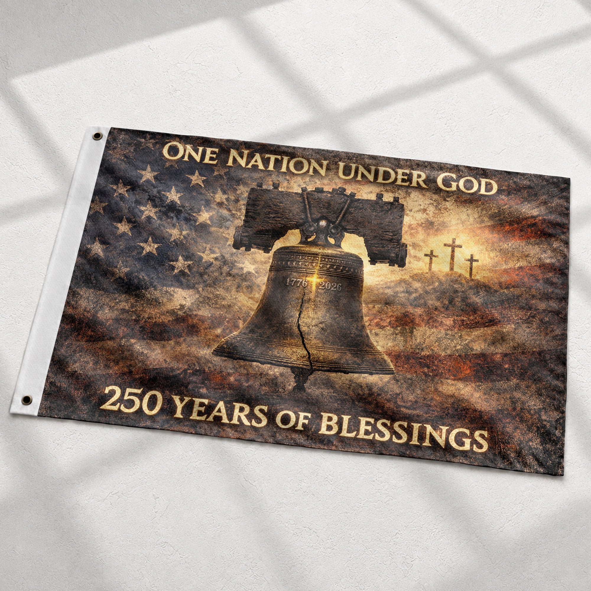 USA 250th Anniversary Flag 1776-2026 – Liberty Bell & Cross 250 Years of Blessings One Nation Under God Banner - Rust Field Wear