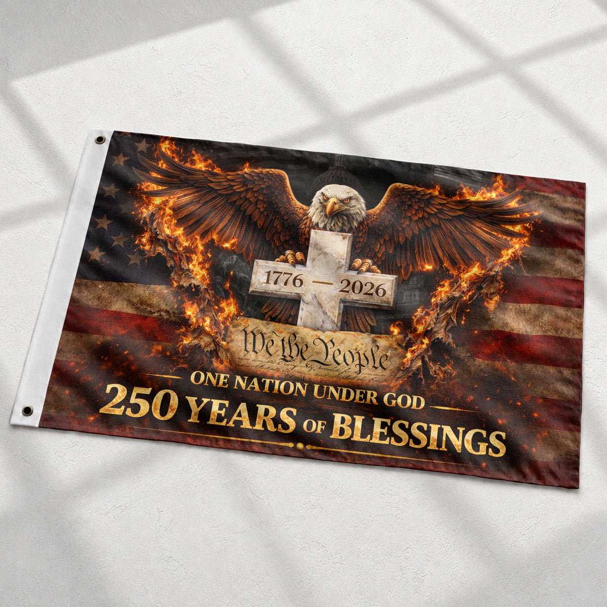 One Nation Under God 250 Years Flag 1776–2026 – Eagle & Cross Christian Double Sided USA House Flag - Rust Field Wear