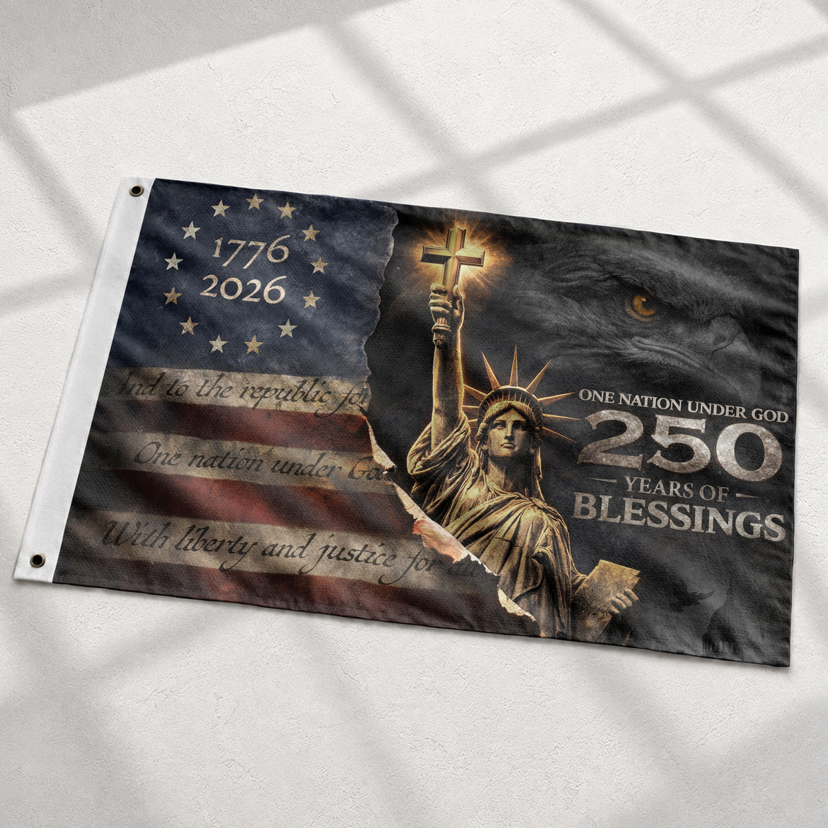 USA 250th Anniversary Christian Flag 1776–2026 – One Nation Under God Blessings Double Sided Flag - Rust Field Wear