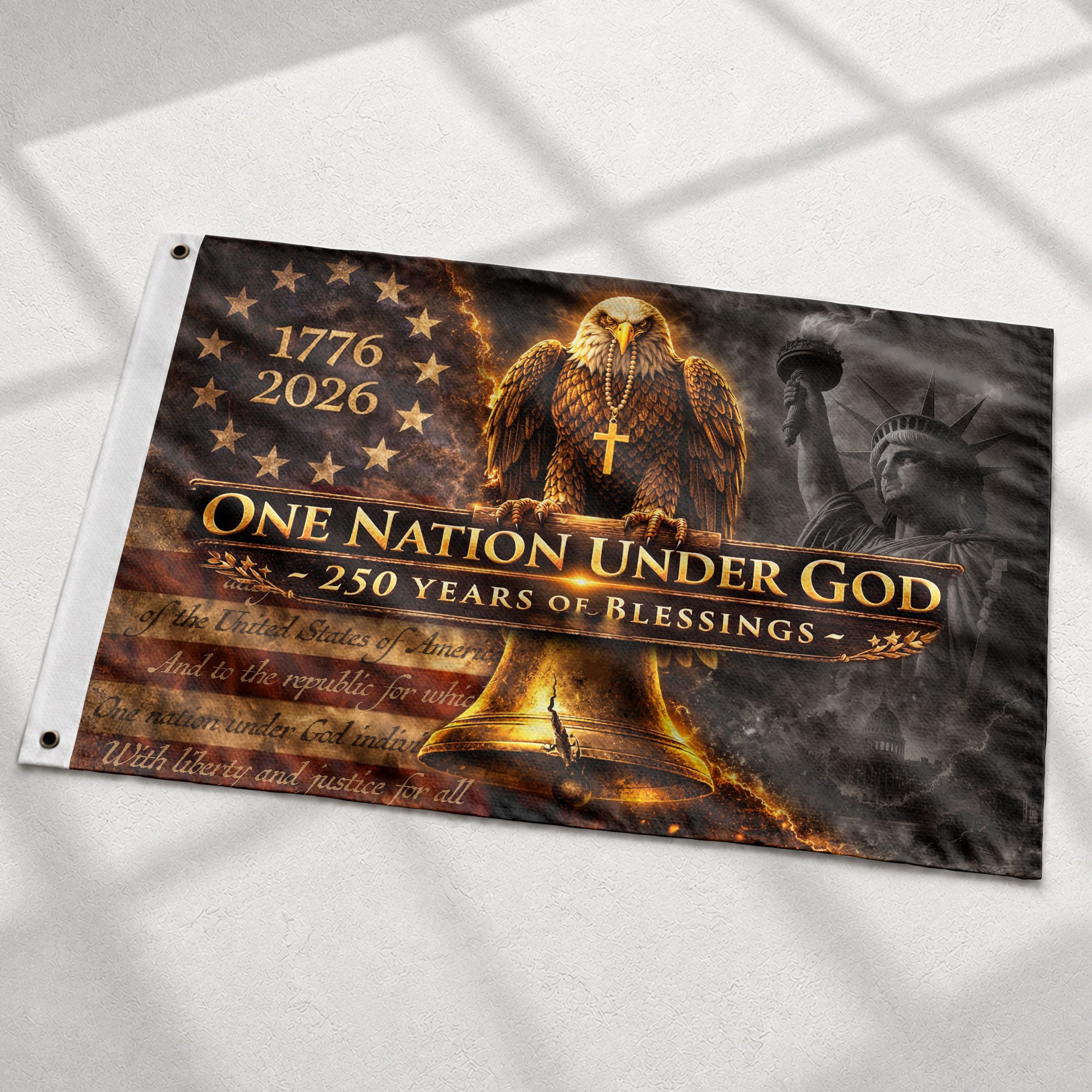 250 Years of Blessings Christian Flag 1776–2026 – Eagle & Liberty Bell Double Sided Patriotic House Flag - Rust Field Wear