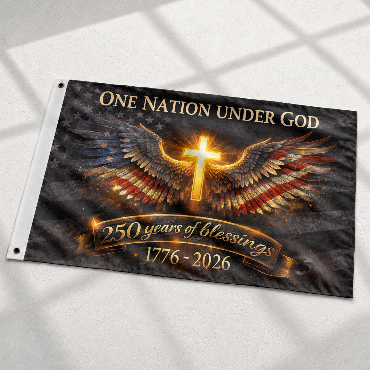 USA 250th Anniversary Cross Flag 1776–2026 – Glowing Cross & Angel Wings Double Sided Christian Banner - Rust Field Wear