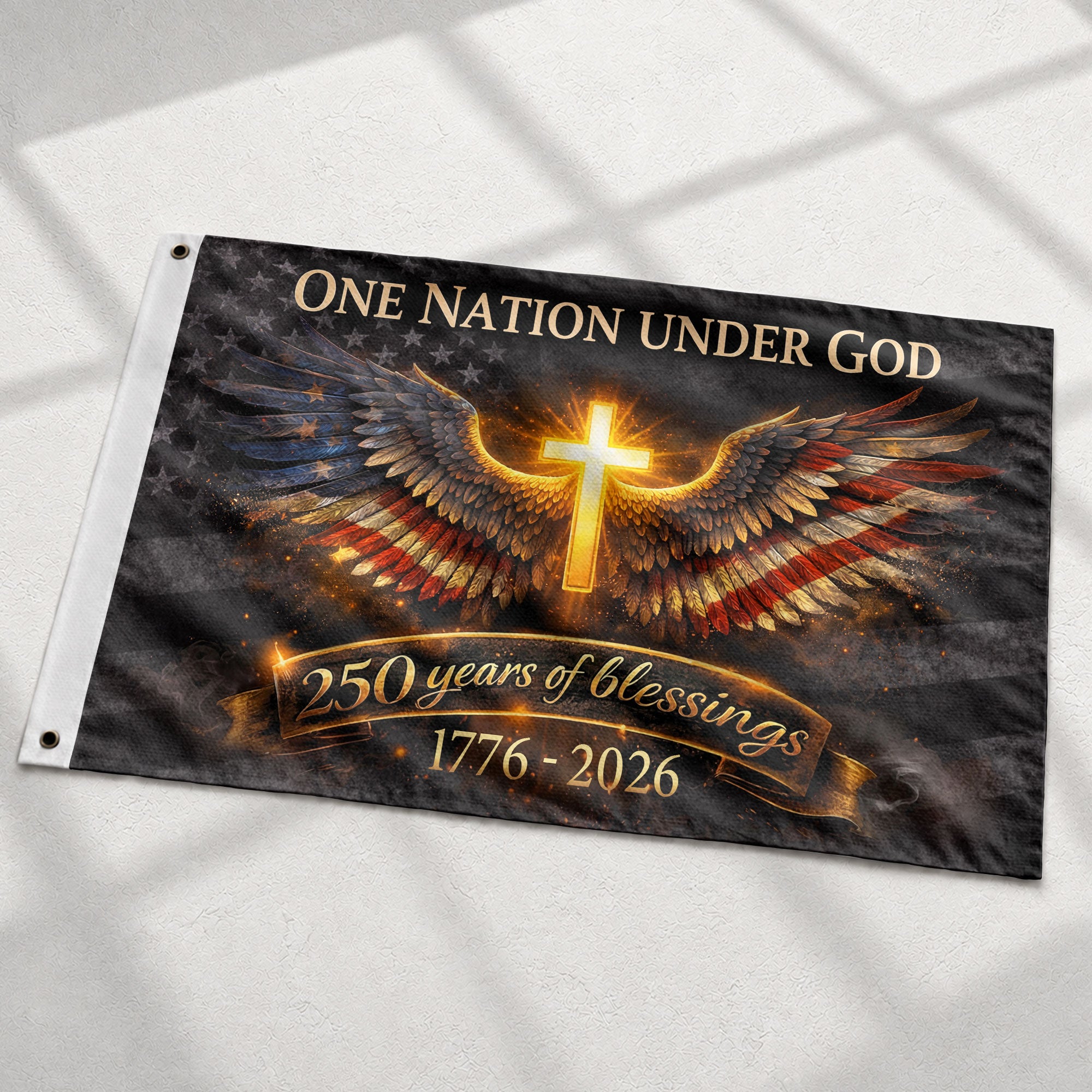 USA 250th Anniversary Cross Flag 1776–2026 – Glowing Cross & Angel Wings Double Sided Christian Banner - Rust Field Wear