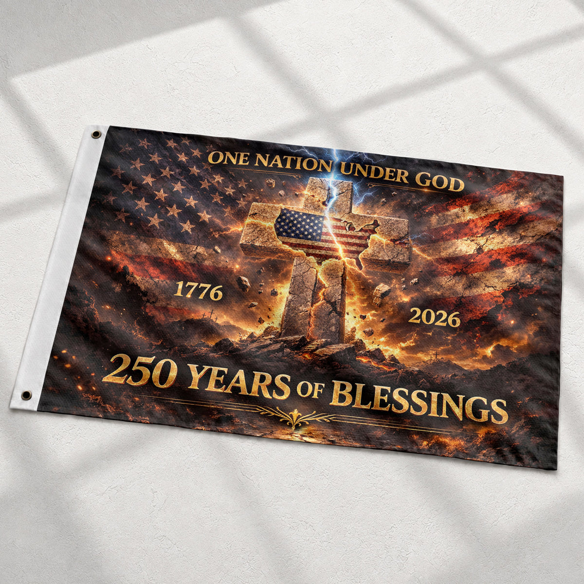 Faith And Freedom 250 Years Christian Flag 1776–2026 – Stone Cross USA Map Double Sided Religious Banner - Rust Field Wear