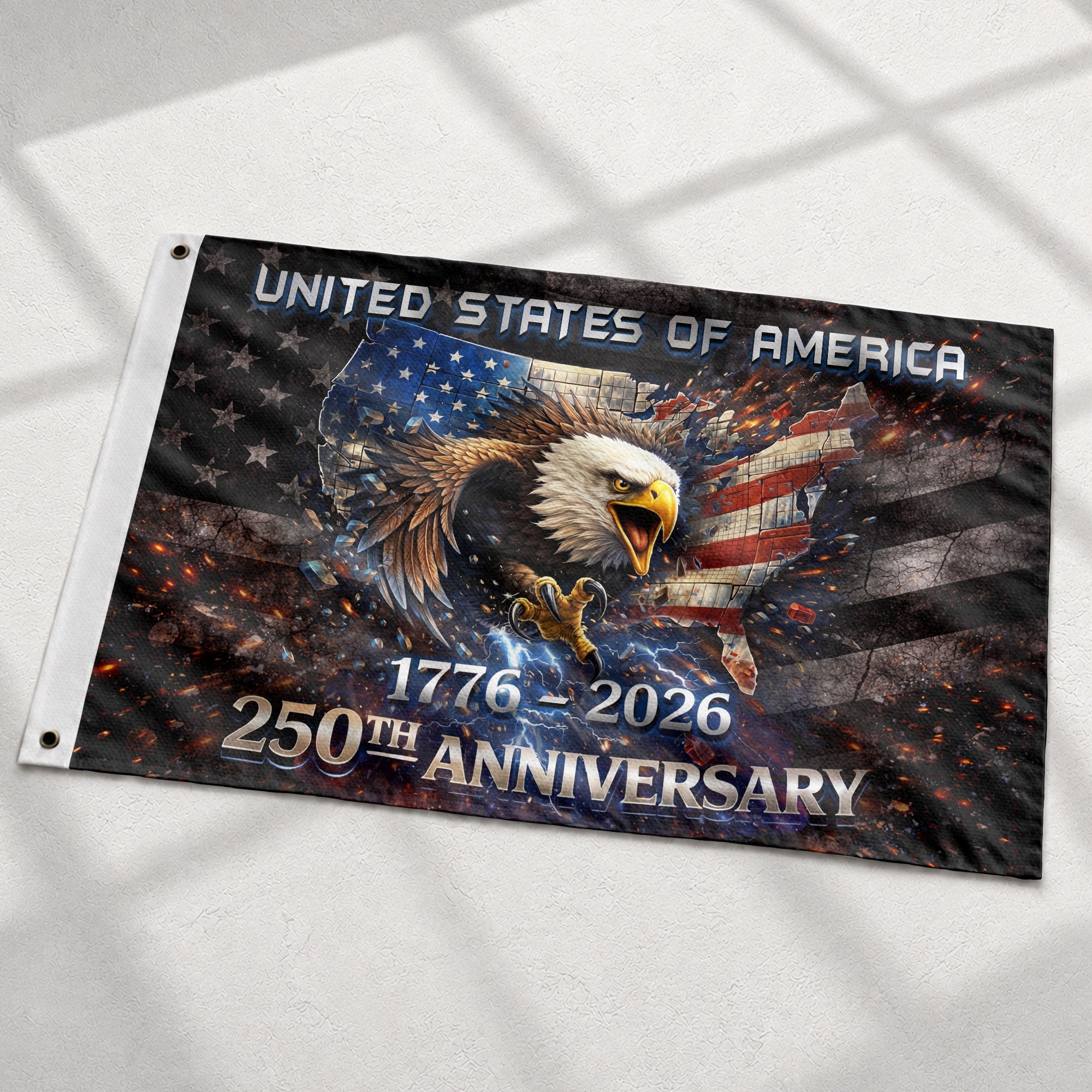 1776–2026 USA 250th Anniversary House Flag – Vintage Bootleg Eagle Lightning Patriotic Double Sided Flag