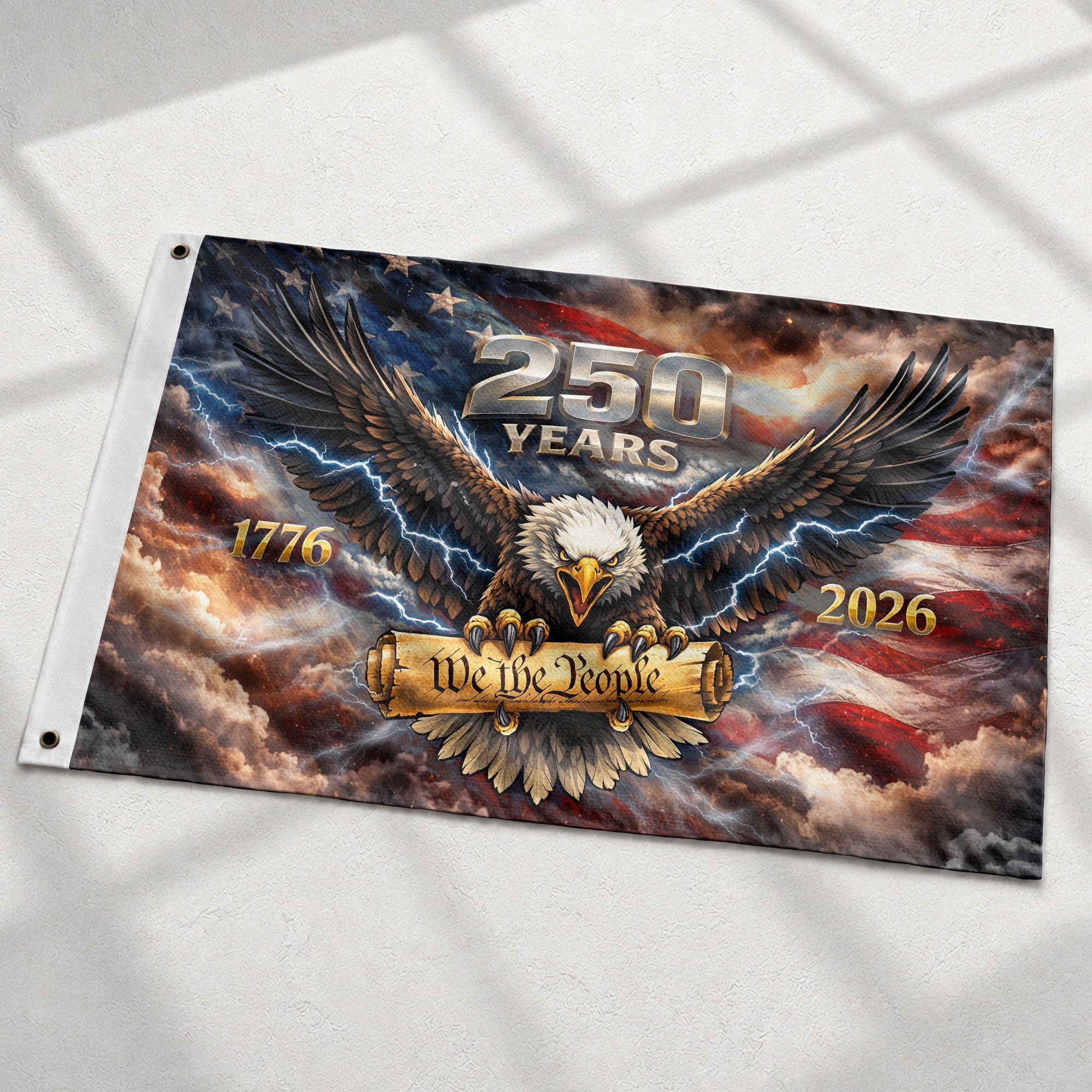 USA 250th Anniversary 1776–2026 House Flag – Vintage Bootleg Eagle We The People Lightning Double Sided Printing