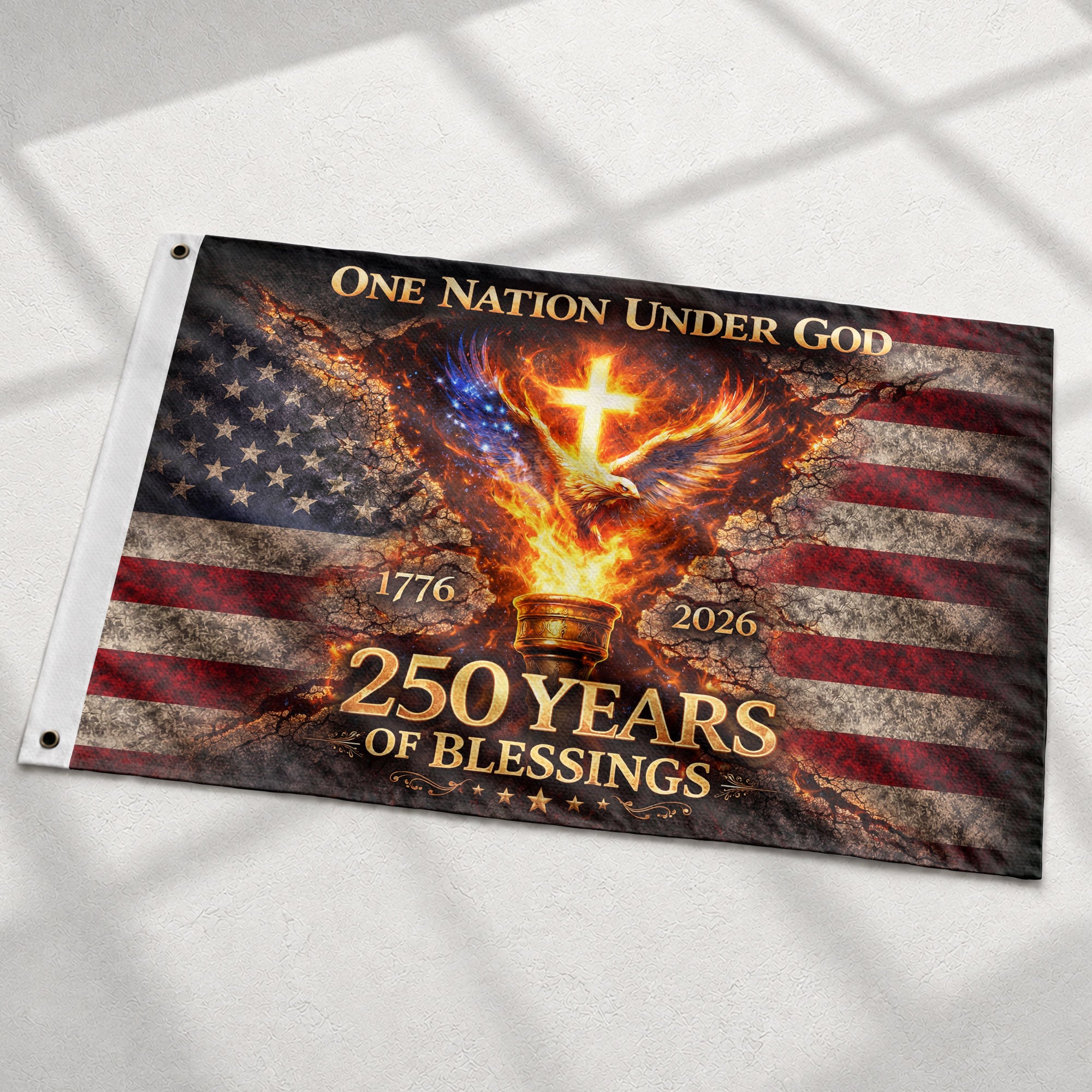 One Nation Under God 250 Years Flag 1776–2026 – Eagle & Cross Christian USA Double Sided House Flag - Rust Field Wear