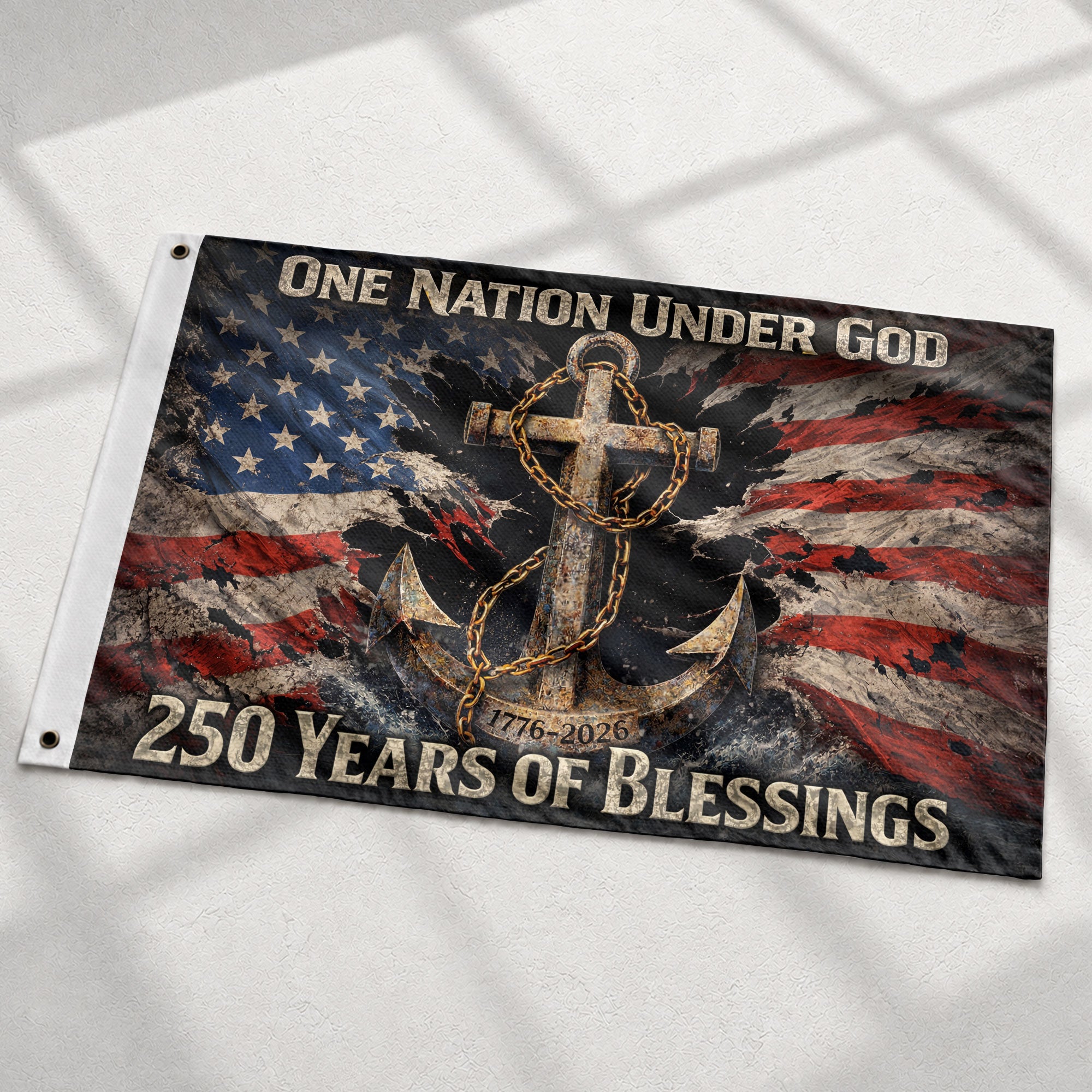 250 Years of Blessings Christian Flag 1776–2026 – Anchor Cross & Chain Patriotic Double Sided Banner - Rust Field Wear
