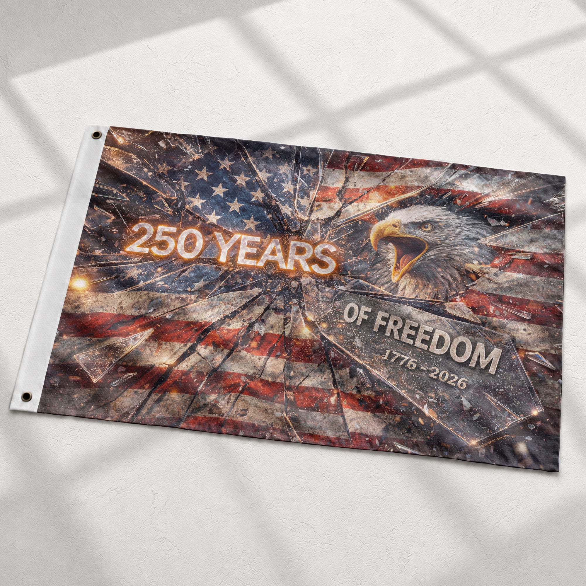 250 Years Flag 1776–2026 – Shattered Glass Eagle Christian Freedom House Flag - Rust Field Wear
