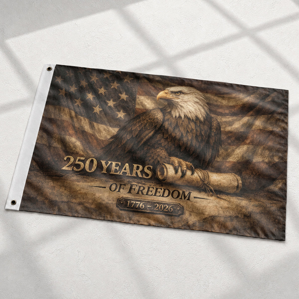 250 Years Of Freedom Flag 1776–2026 – Vintage Eagle Constitution Patriotic Banner - Rust Field Wear