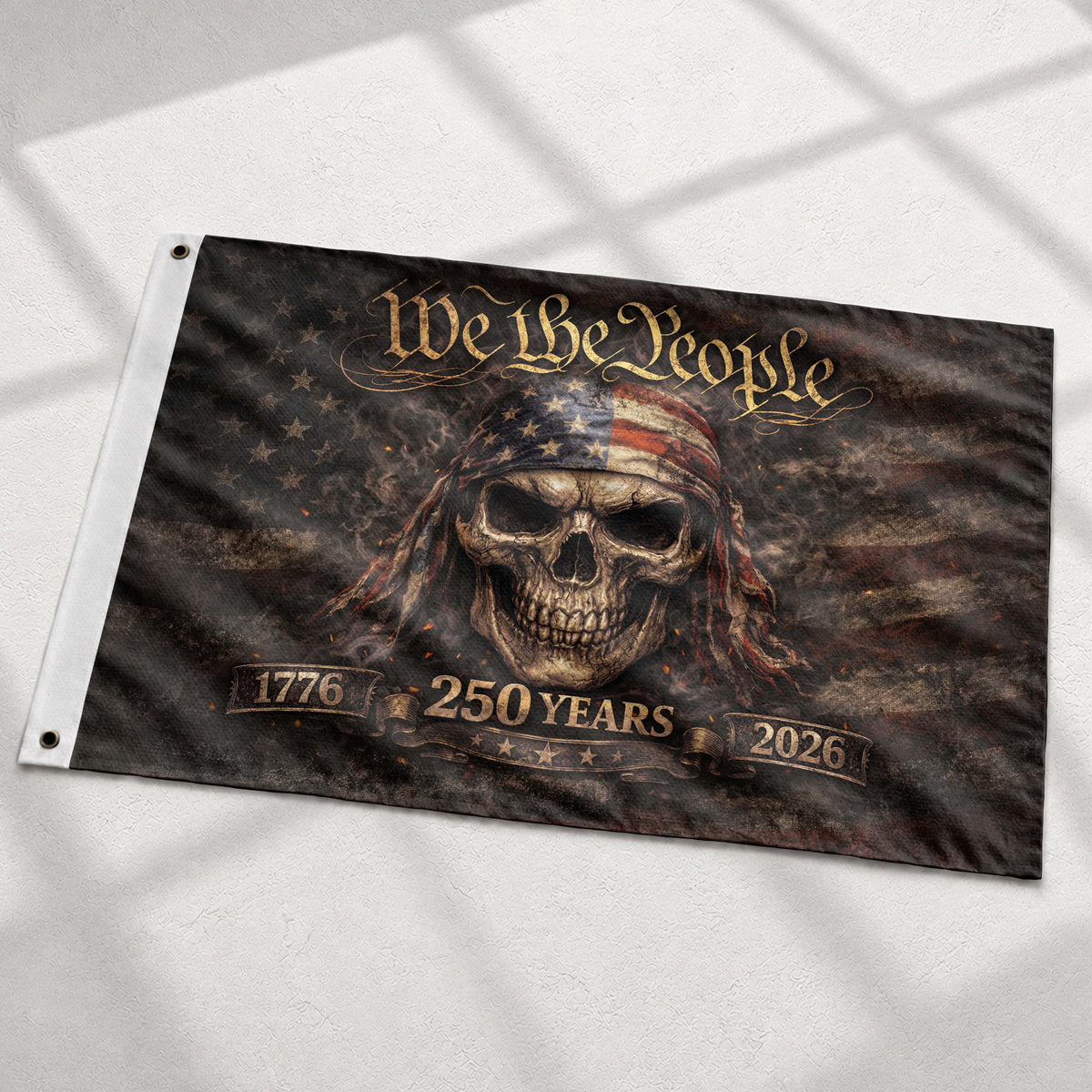We The People 1776–2026 Flag – Patriotic Skull 250 Years House Flag. - Rust Field Wear