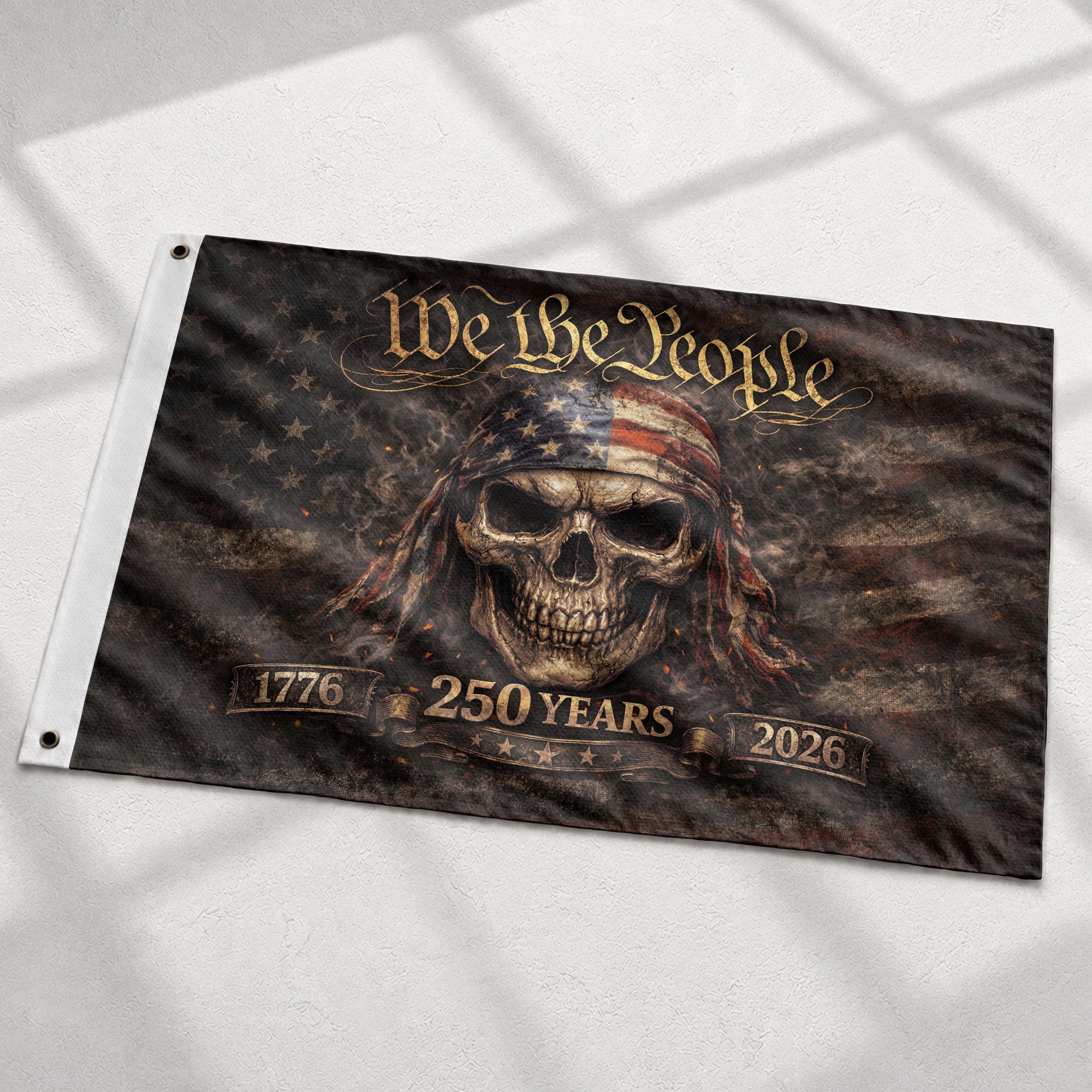 We The People 1776–2026 Flag – Patriotic Skull 250 Years House Flag. - Rust Field Wear