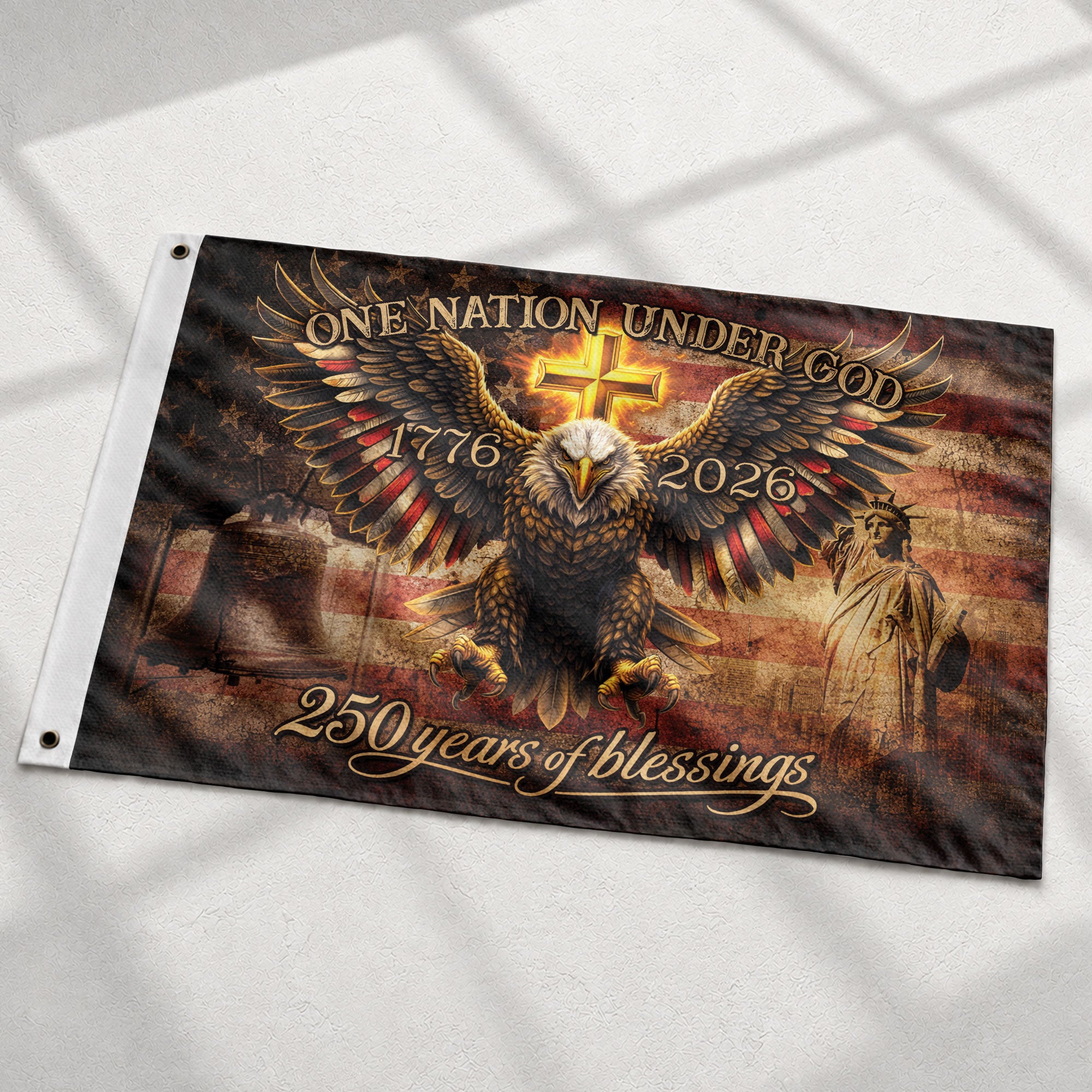 250 Years of Blessings USA Flag 1776-2026 – Patriotic Eagle & Liberty Bell Statue of Liberty Double Sided Outdoor Flag