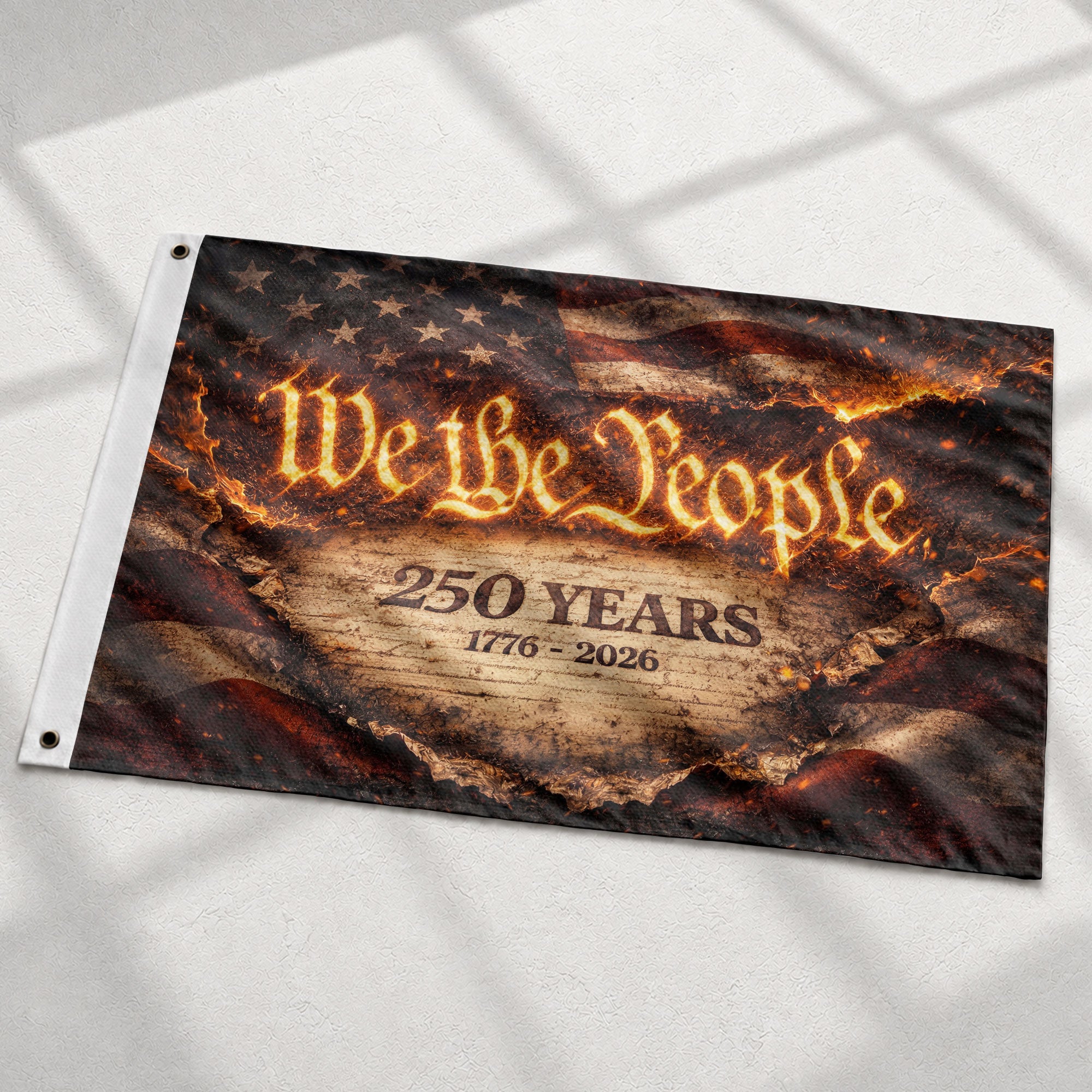 We The People 250 Years Flag 1776–2026 – Fire Style Patriotic Double Sided Yard Flag