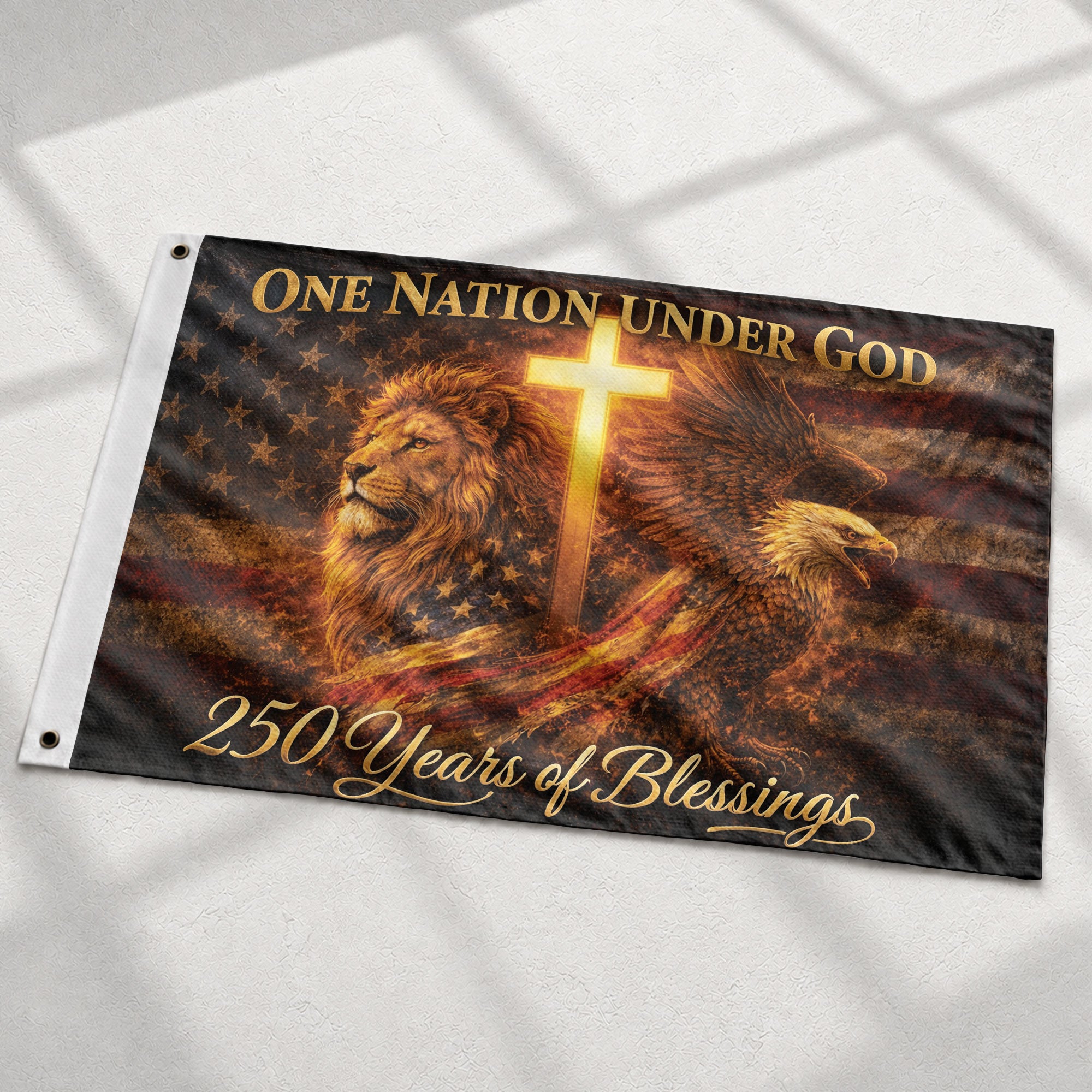 Christian Cross Lion Eagle House Flag 250th Anniversary USA Flag One Nation Under God