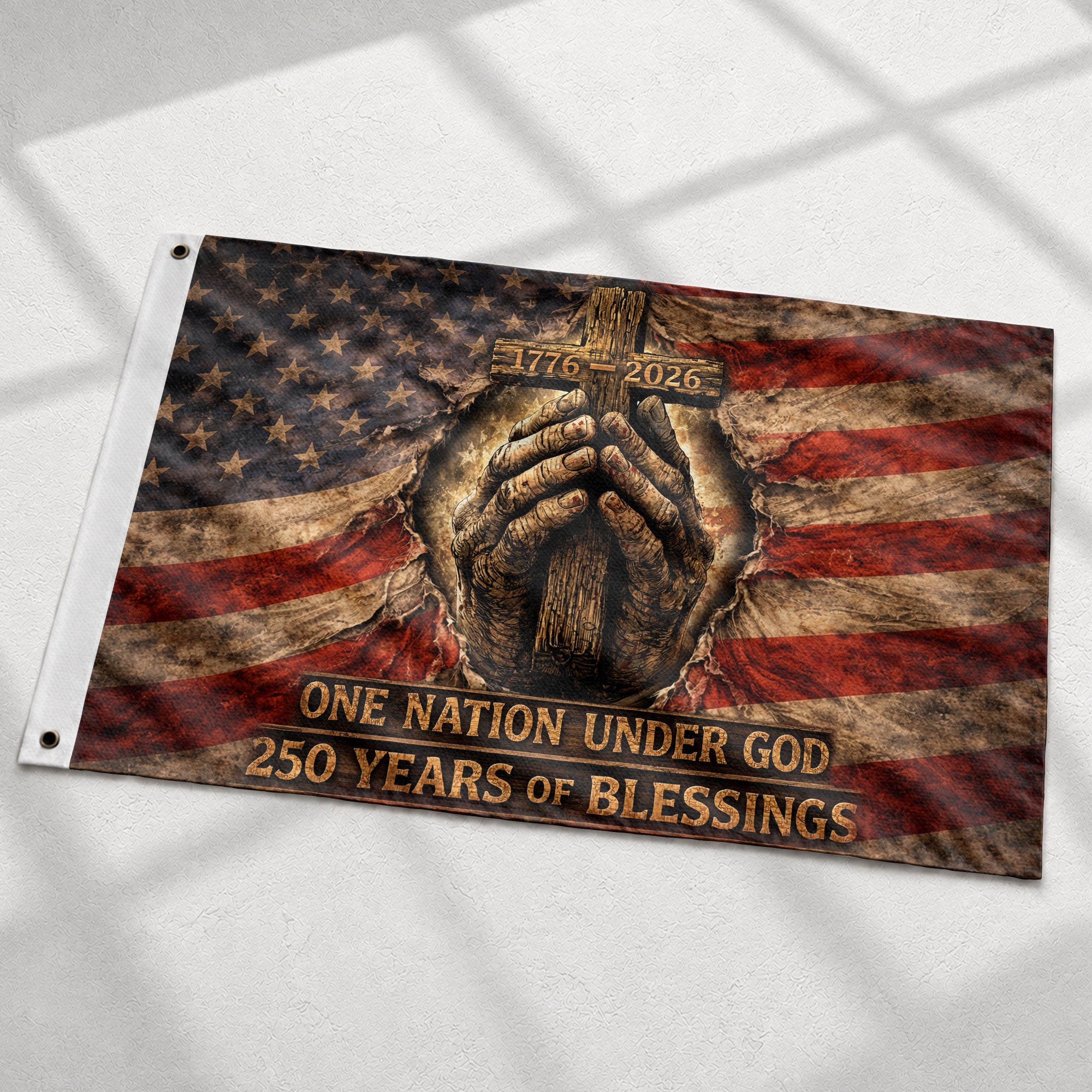 Christian Patriotic House Flag, Praying Hands Cross One Nation Under God Flag Decor - Rust Field Wear