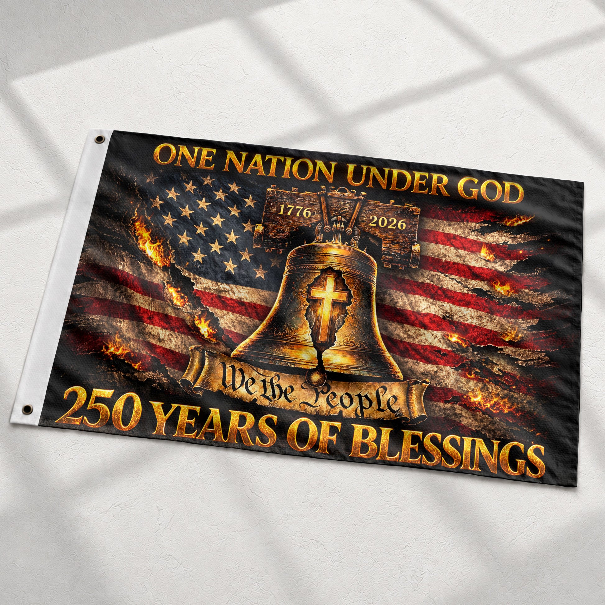 Patriotic Christian House Flag Liberty Bell Cross One Nation Under God We The People - Rust Field Wear