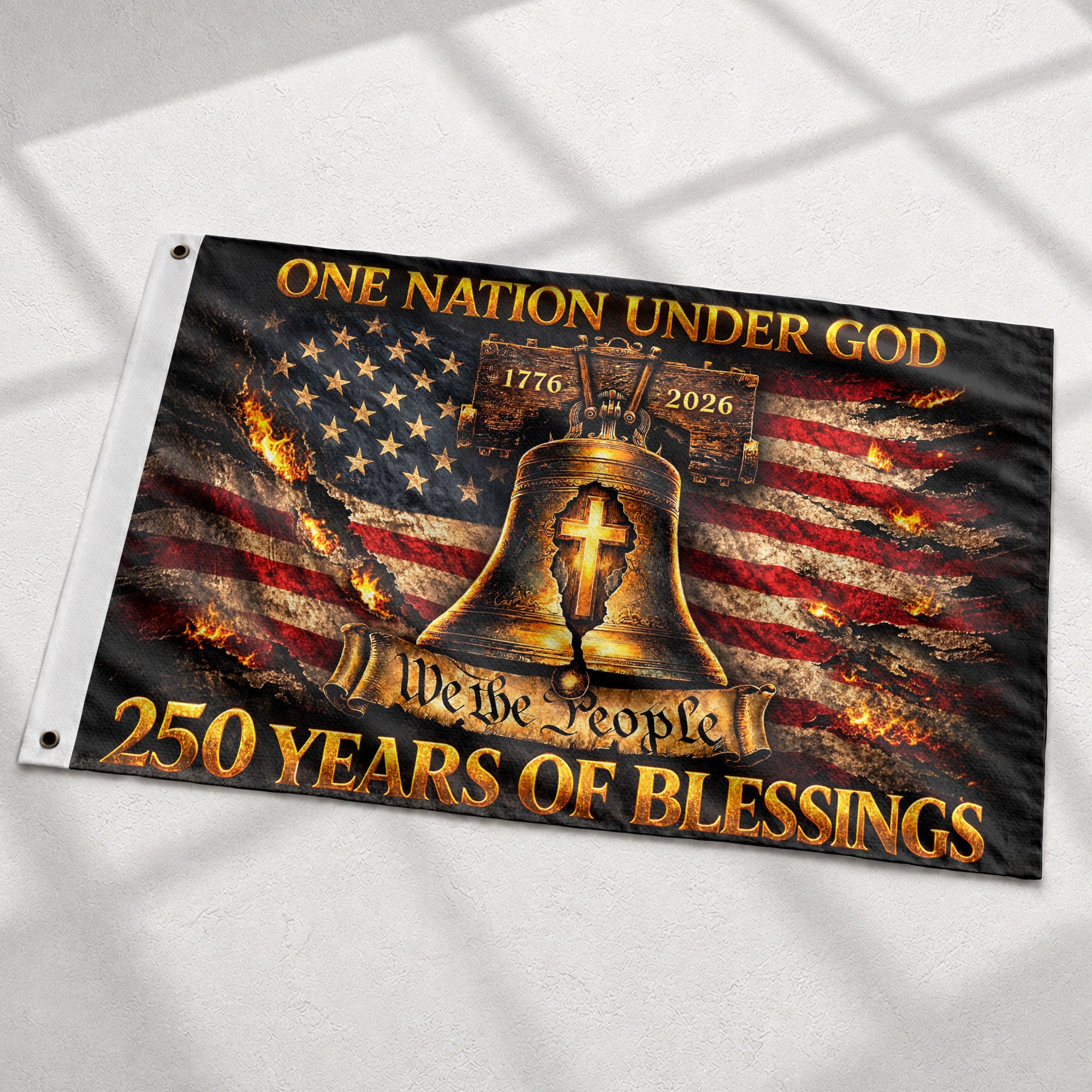 Patriotic Christian House Flag Liberty Bell Cross One Nation Under God We The People - Rust Field Wear