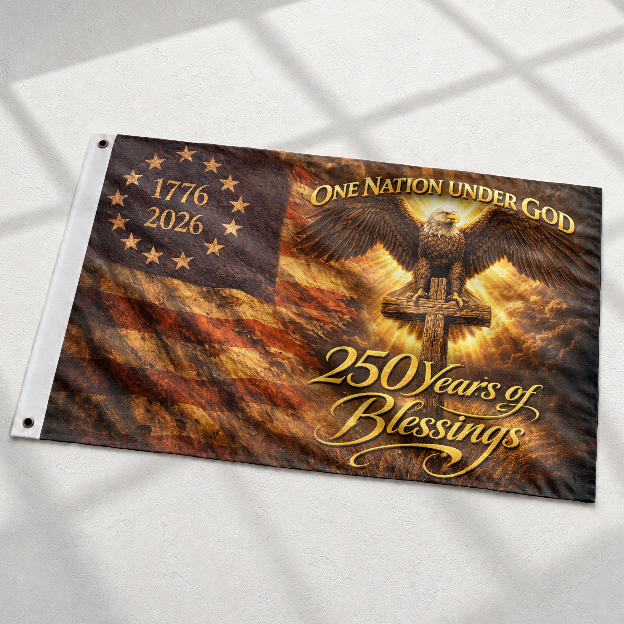 Patriotic Christian House Flag Eagle Cross One Nation Under God 1776–2026 Blessings Decor - Rust Field Wear