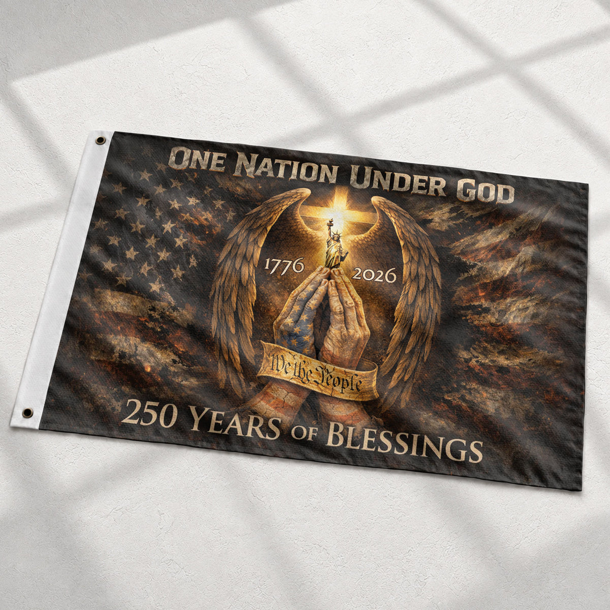 Christian Patriotic House Flag One Nation Under God 250th Anniversary USA Flag 1776–2026 - Rust Field Wear