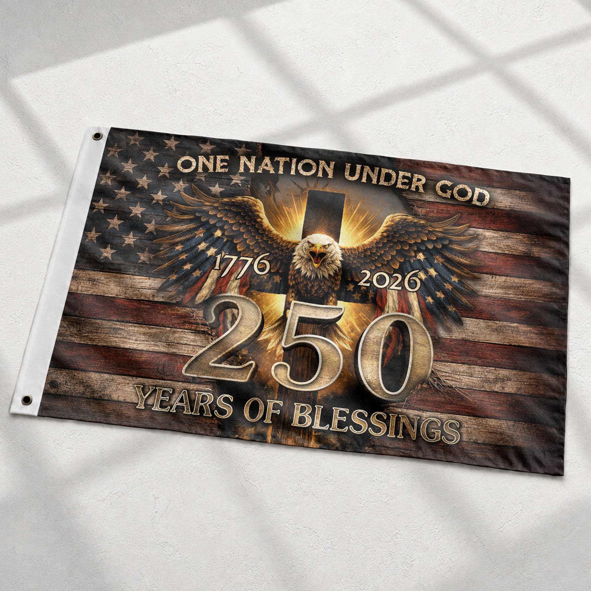 Patriotic Christian House Flag 250th Anniversary USA Flag 1776–2026 One Nation Under God Eagle Cross