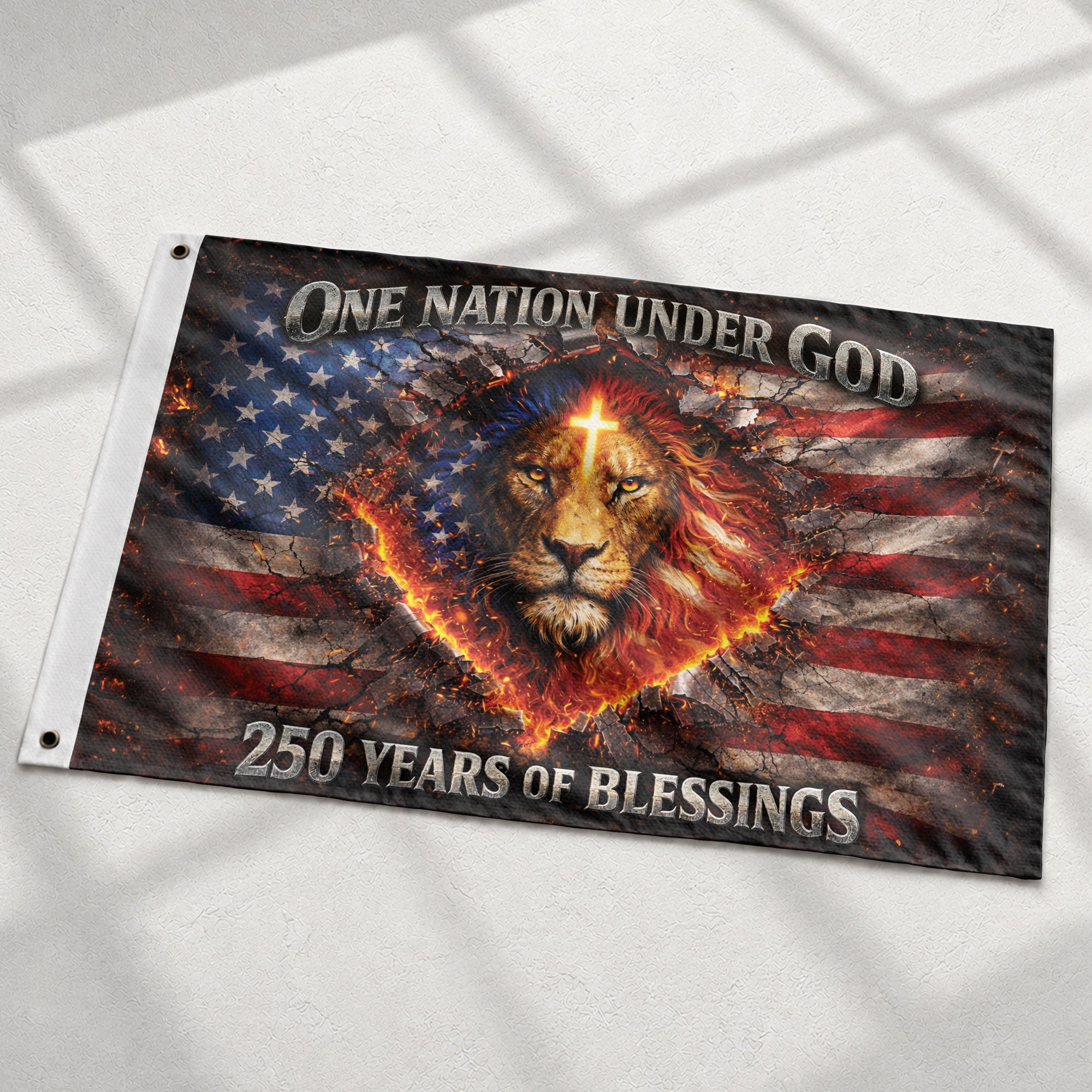 Christian Lion Cross Patriotic House Flag One Nation Under God 250th Anniversary USA Flag 1776–2026 Blessings Design