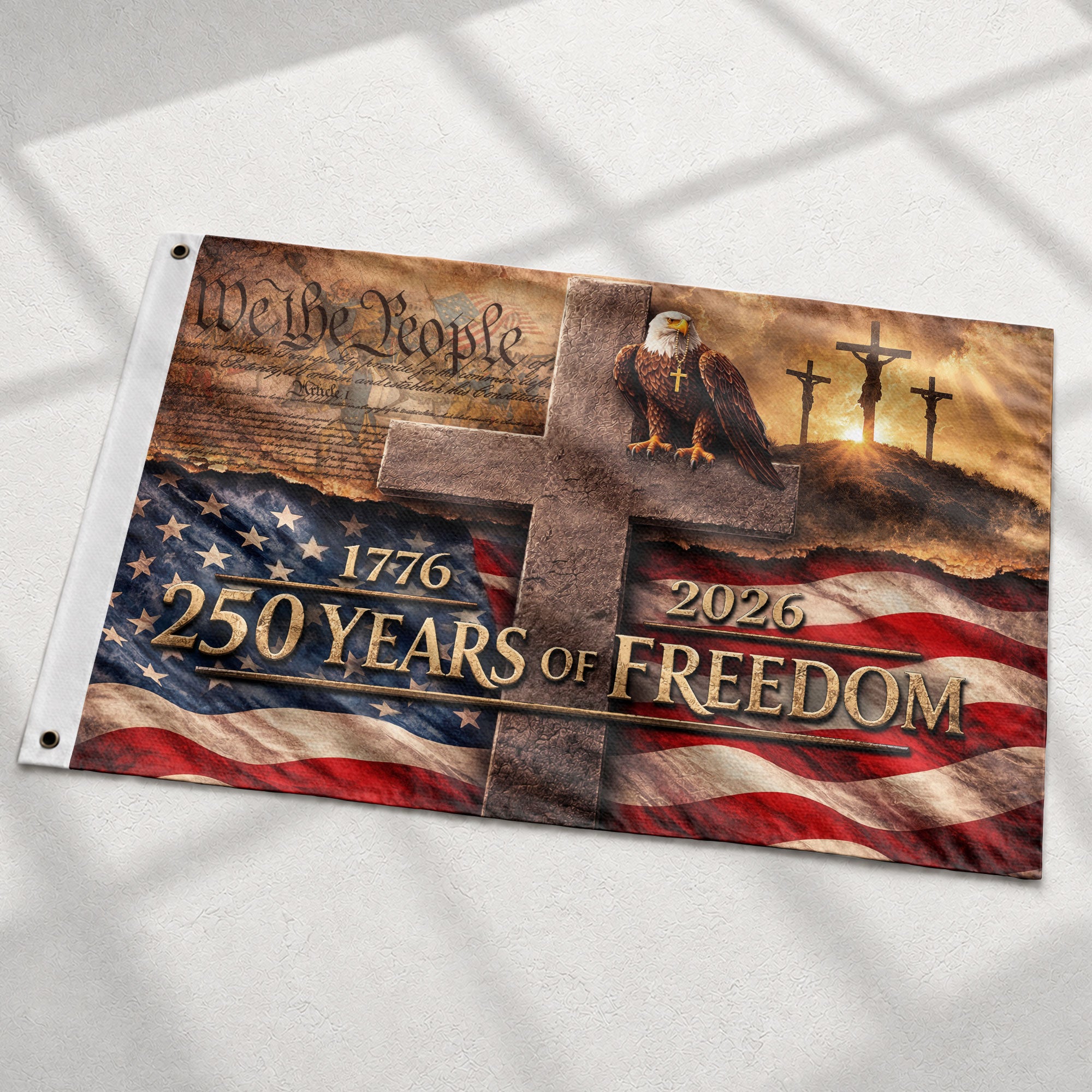 US 250 Years of Freedom Flag 3x5 ft Christian Cross Eagle 1776-2026 Patriotic Banner
