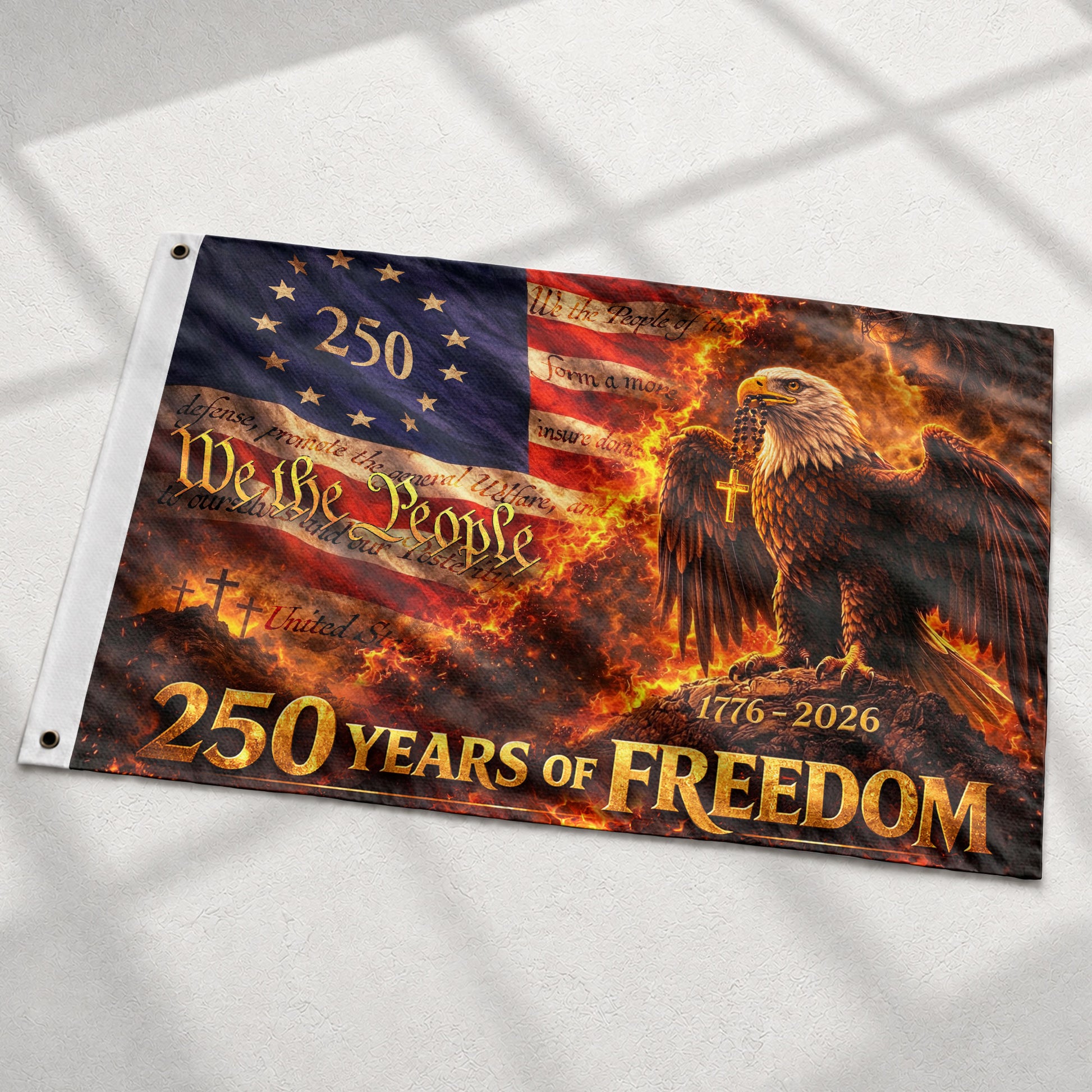 Christian We The People USA 250th Anniversary House Flag Eagle Cross 1776–2026 250 Years Freedom Patriotic Flag - Rust Field Wear