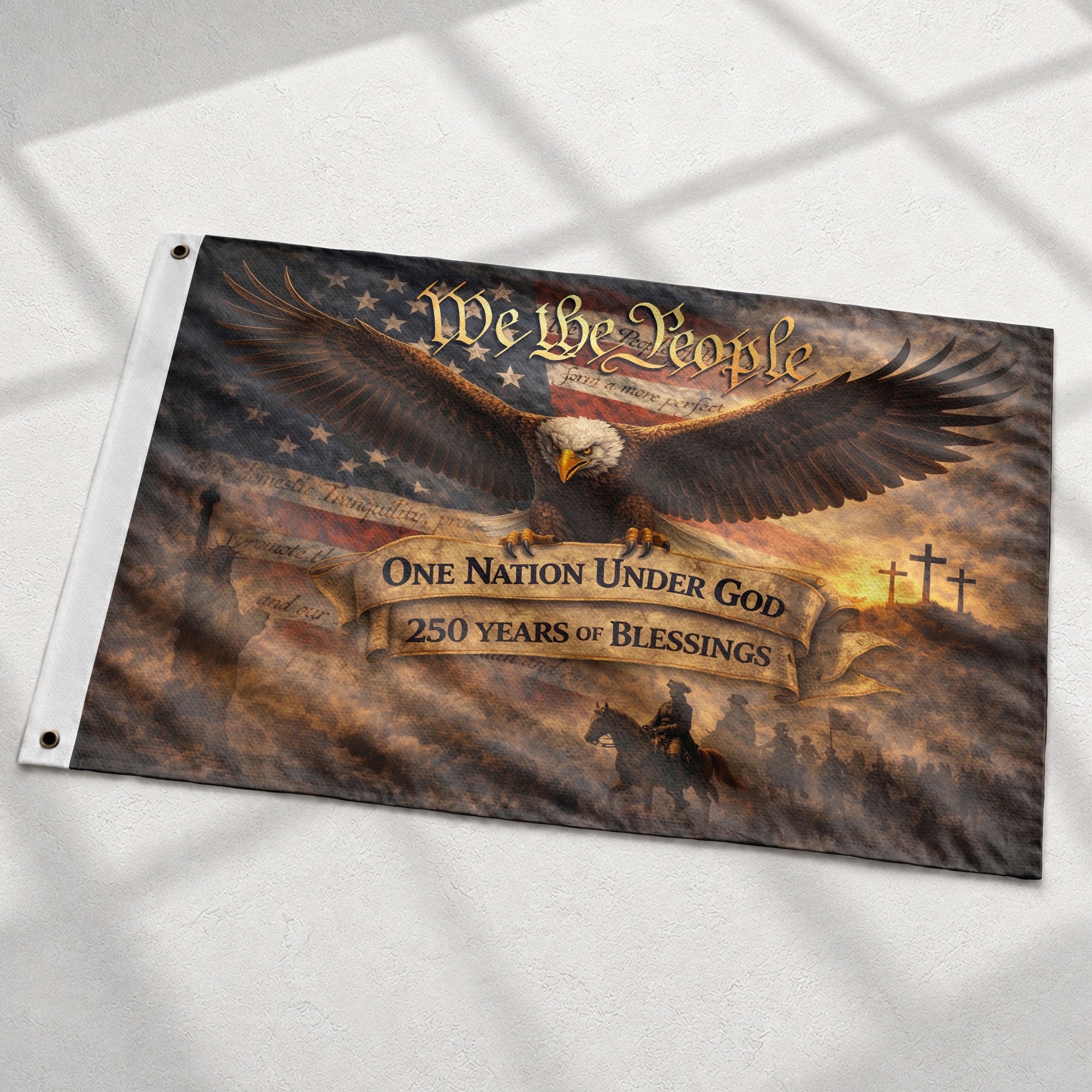 US One Nation Under God Flag 3x5 ft 250 Years of Blessings Eagle Patriotic Banner
