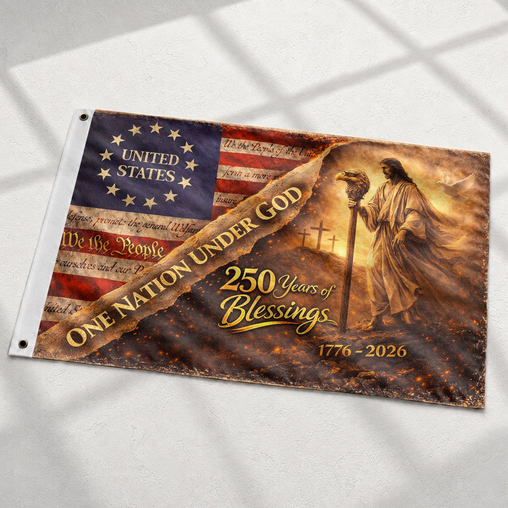 One Nation Under God 250th Anniversary USA House Flag 1776–2026 Jesus Patriotic 250 Years Blessing Flag - Rust Field Wear