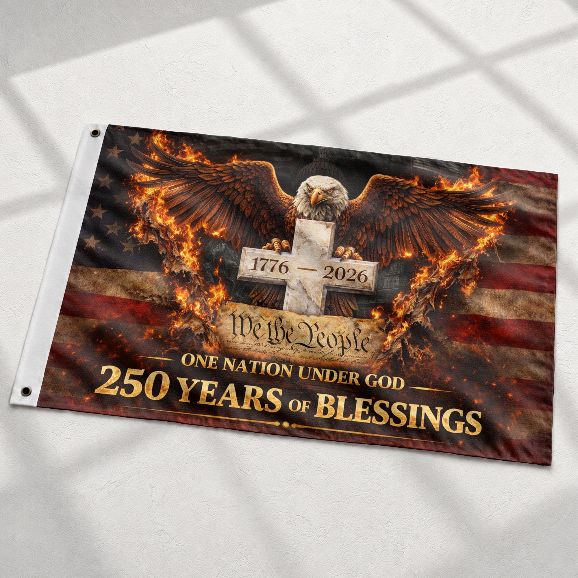 250 Years of Blessings Flag 1776-2026 We The People Christian Eagle Cross USA Banner 3x5ft - Rust Field Wear
